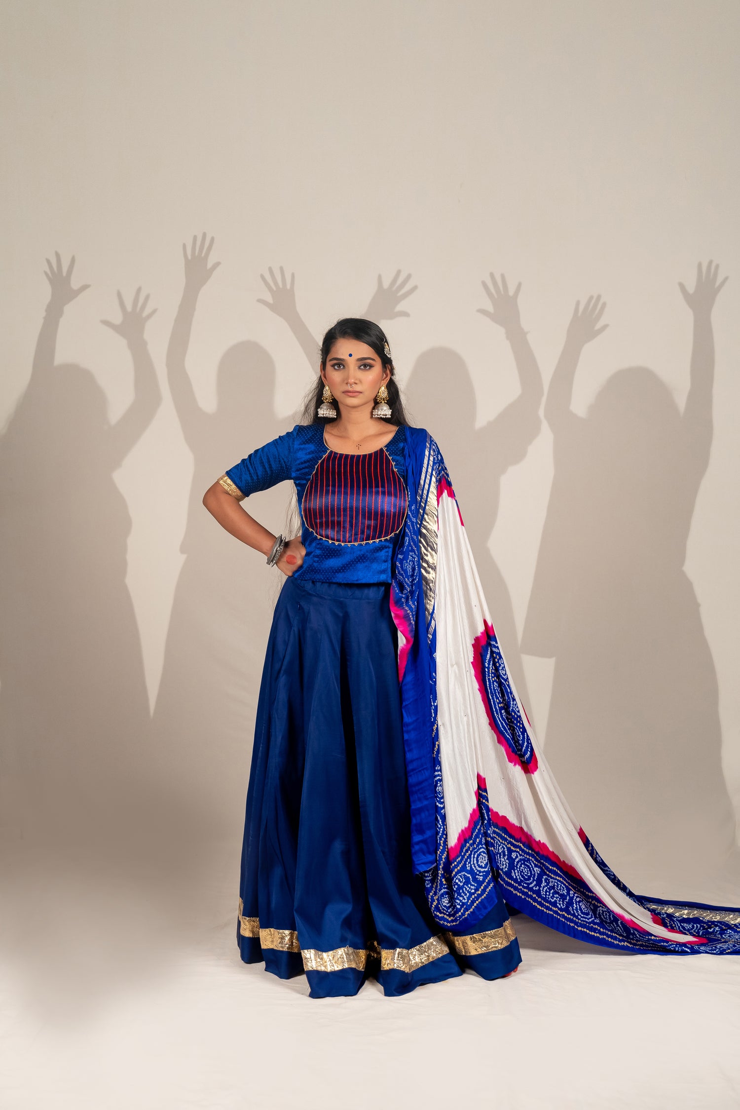 Mashroo Striped & Plain Blouse in Indigo Blue with Hand Embroidery – NavRas