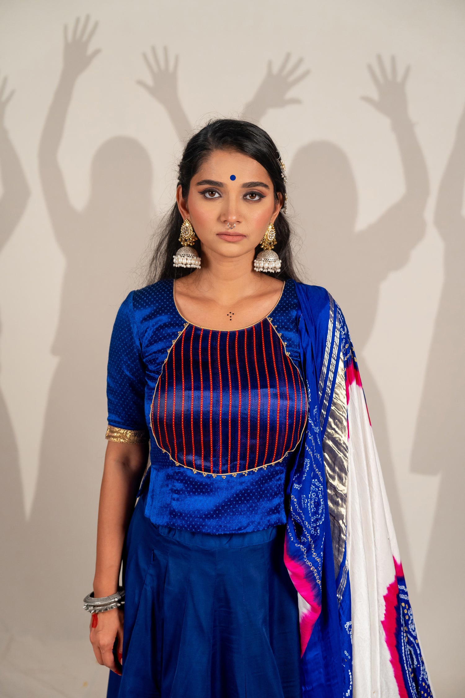 Mashroo Striped & Plain Blouse in Indigo Blue with Hand Embroidery – NavRas