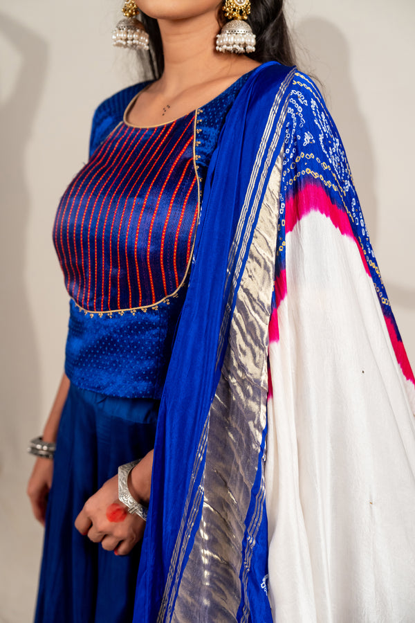Mashroo Striped & Plain Blouse in Indigo Blue with Hand Embroidery – NavRas