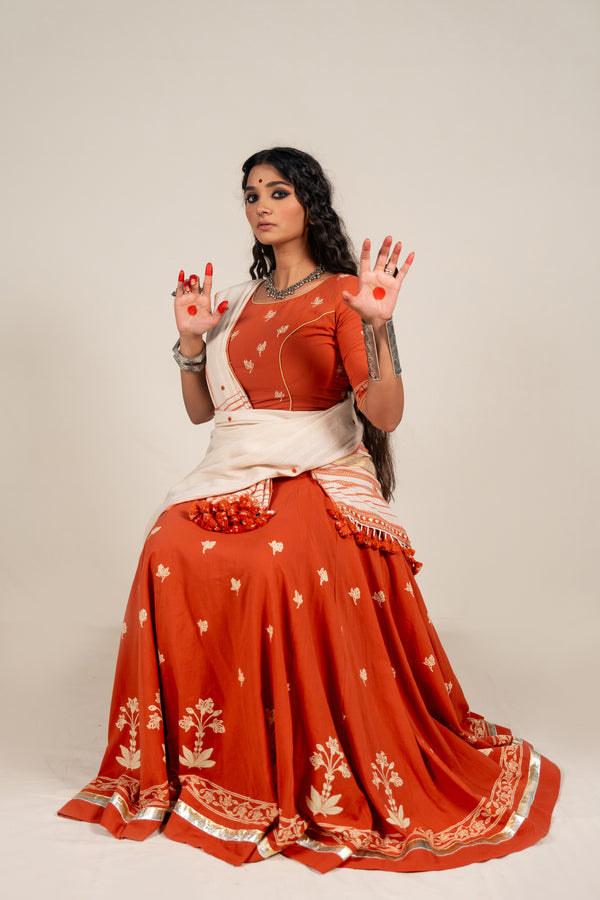 Handcrafted Cotton Mulmul Skirt in Rust with Block Print – NavRas