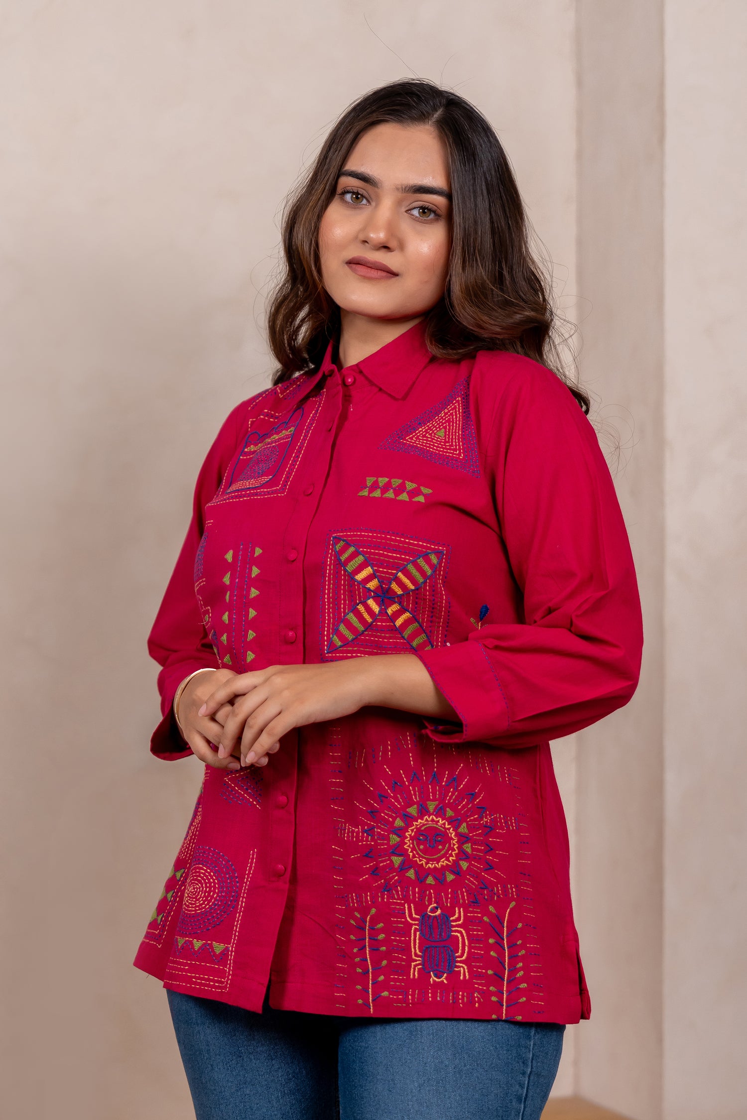 Handcrafted Tribal Motif Shirt in Pink – Sutra