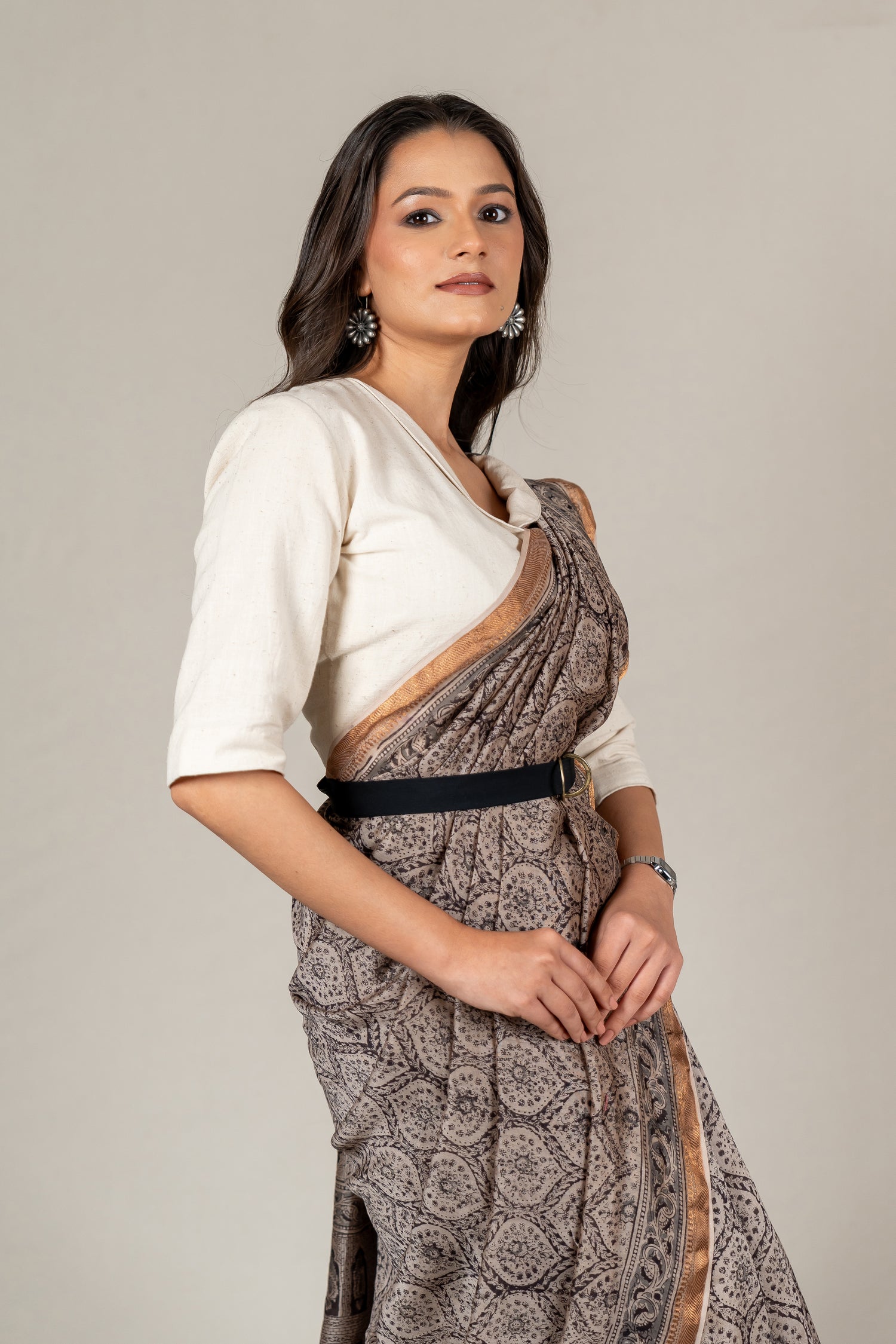 Mul Chanderi Kalamkari Saree in Beige Kashish – Sama