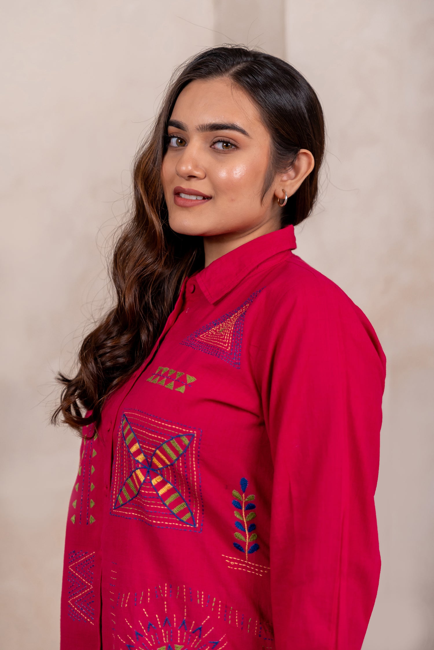 Handcrafted Tribal Motif Shirt in Pink – Sutra