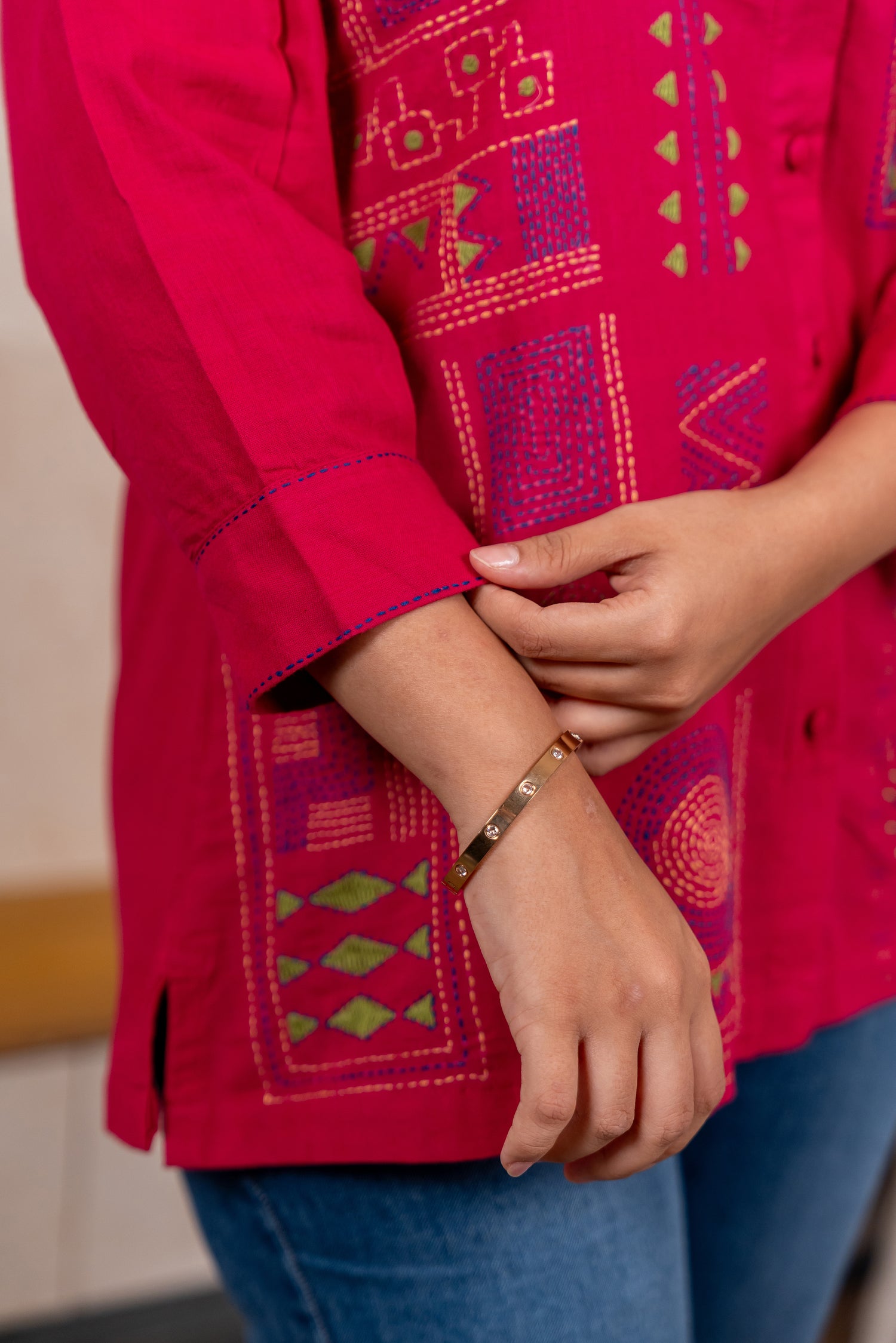 Handcrafted Tribal Motif Shirt in Pink – Sutra