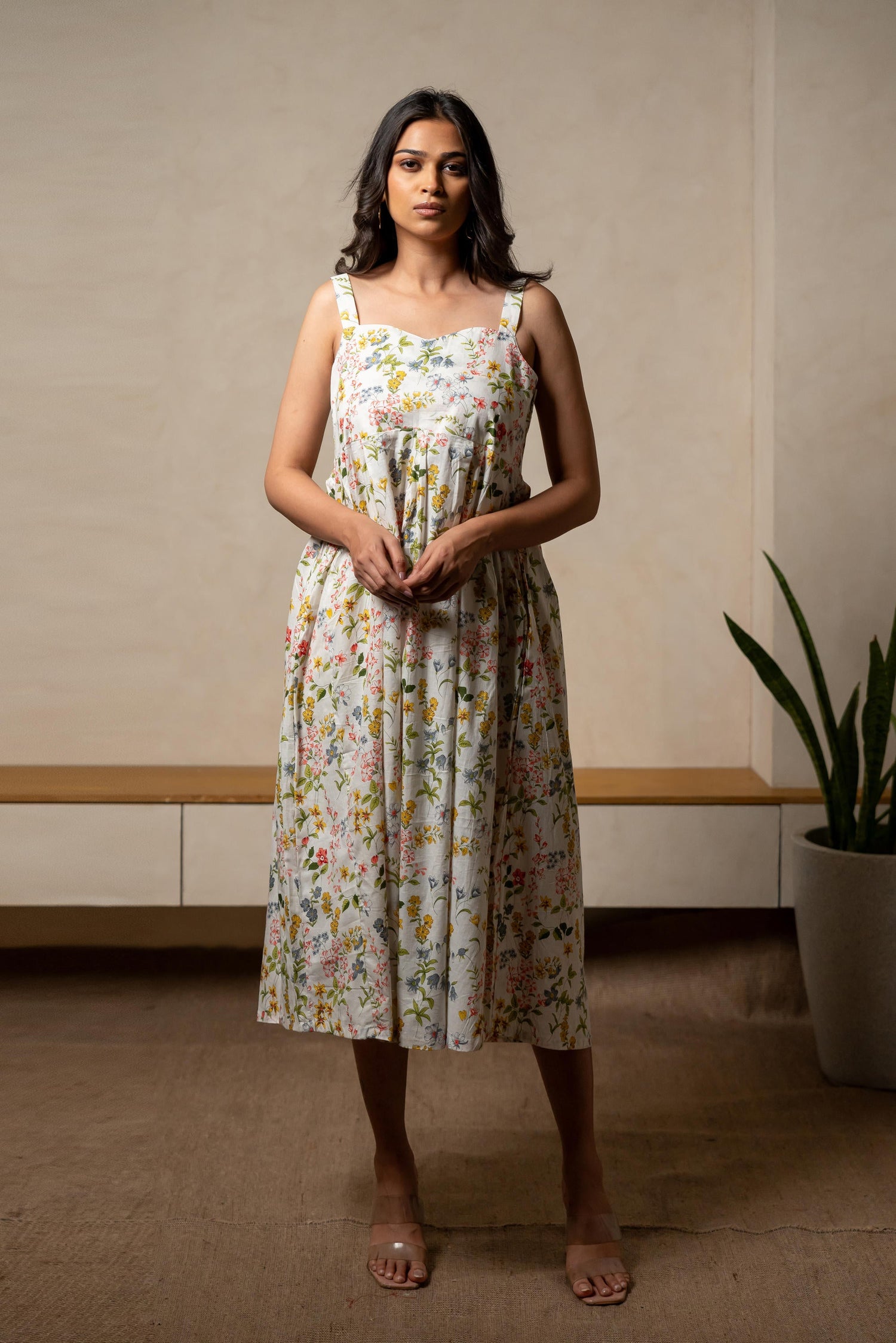 Aabha Ecru Grey Printed Cotton Dress | Ray-ethnic