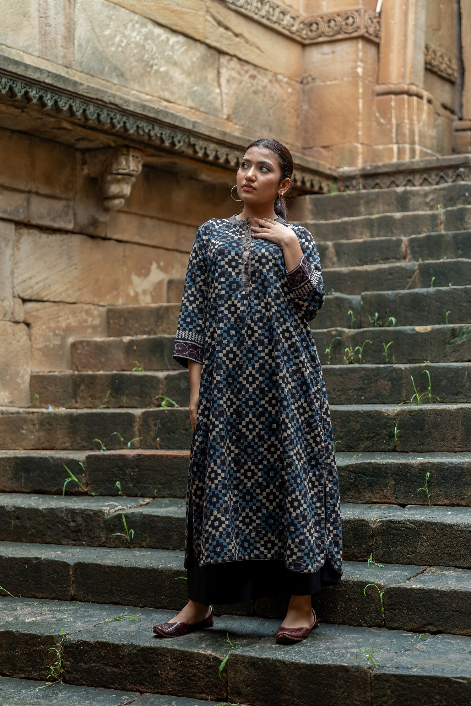 Ray Ethnic Ekatra Geometric Block Print Mull Cotton Kurta in Black