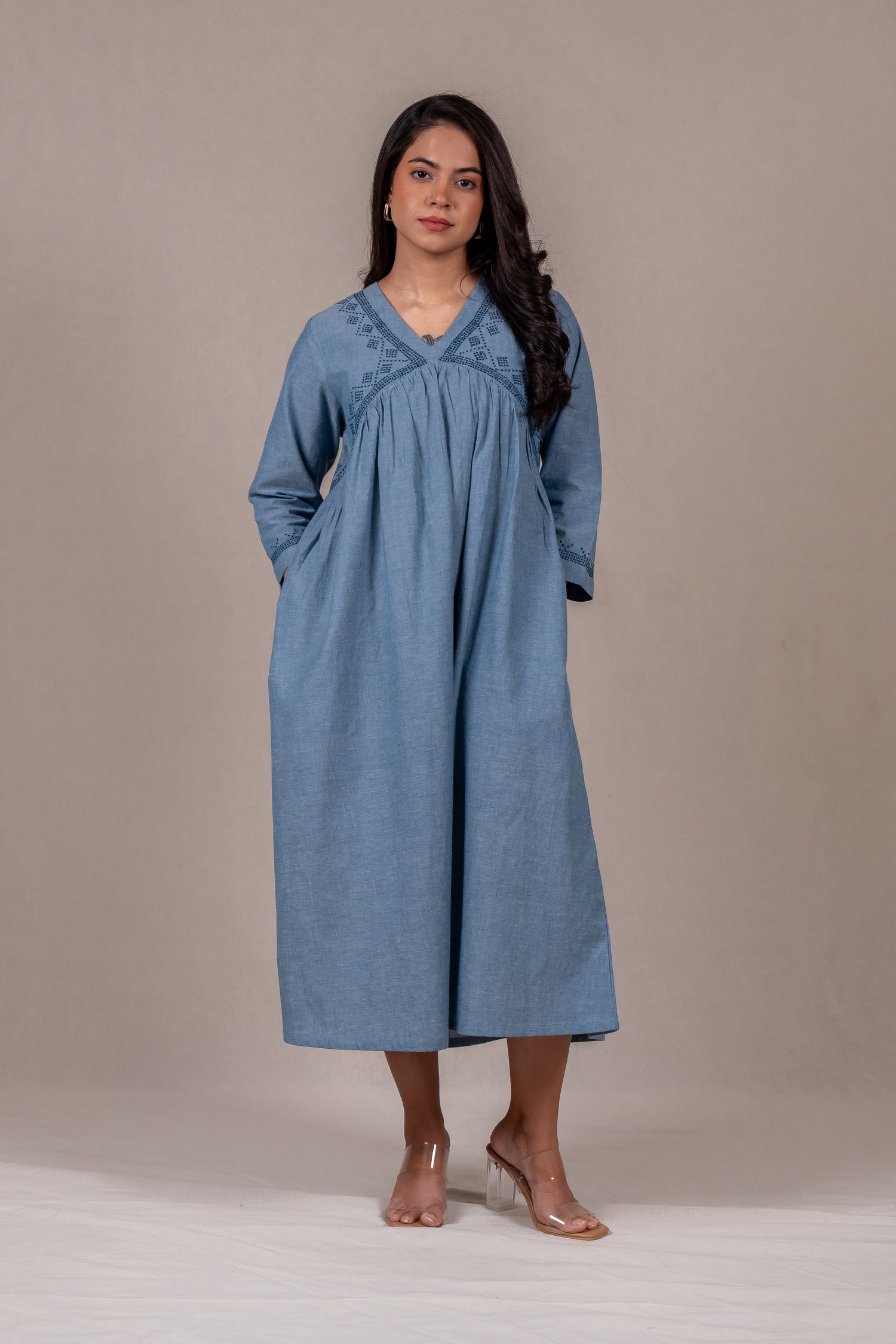 Light Blue Embroidered Long Dress – Sutra