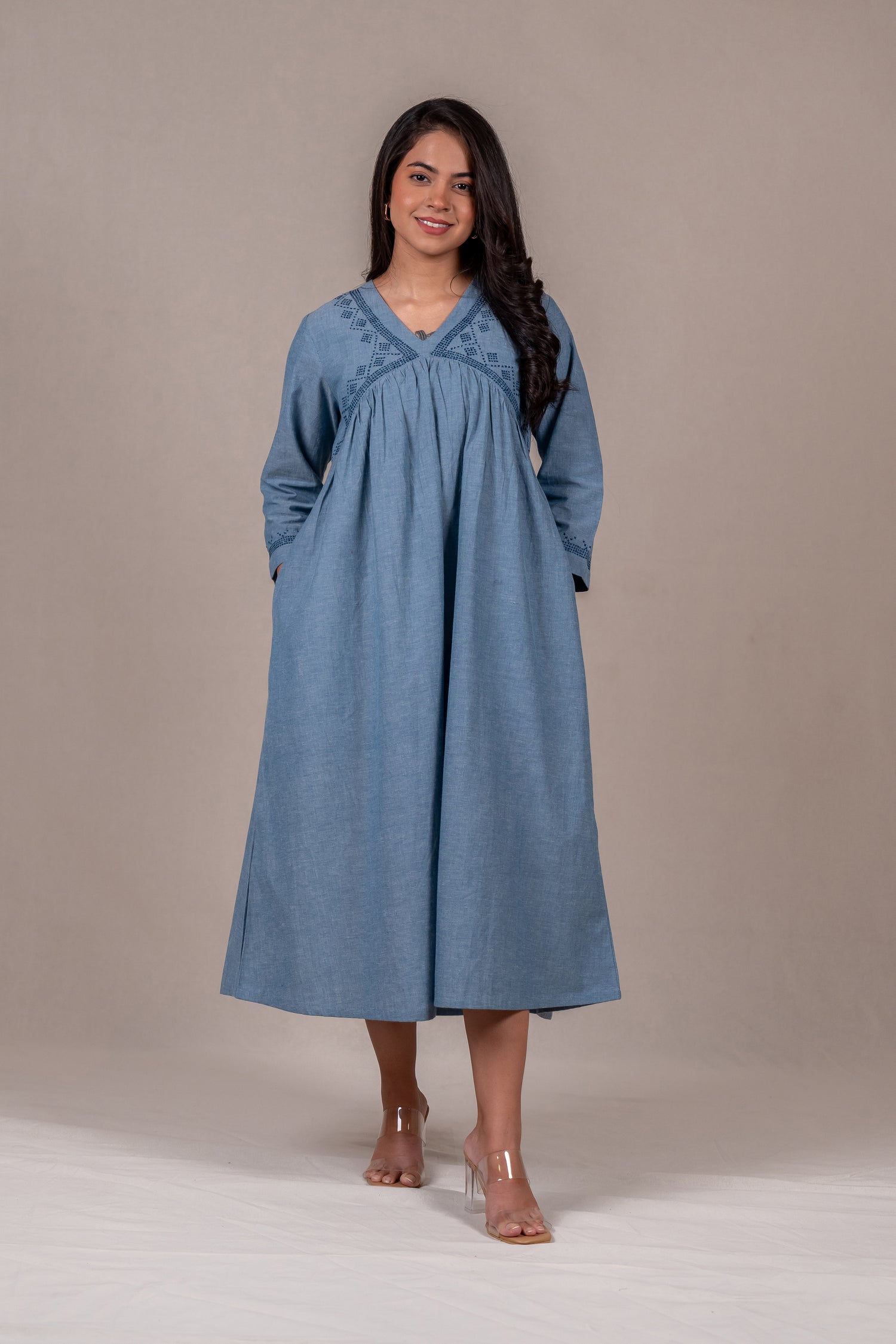 Light Blue Embroidered Long Dress – Sutra