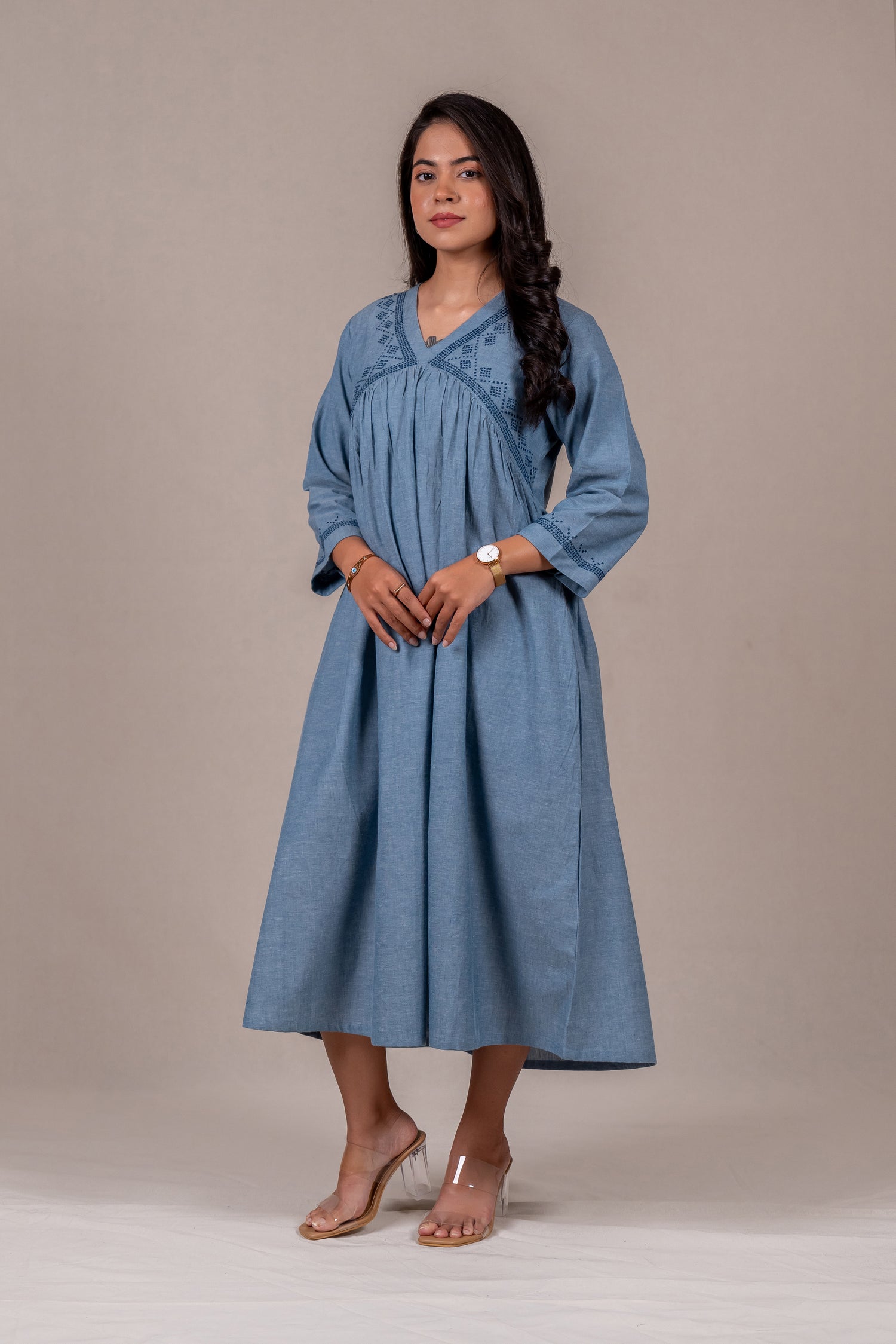 Light Blue Embroidered Long Dress – Sutra