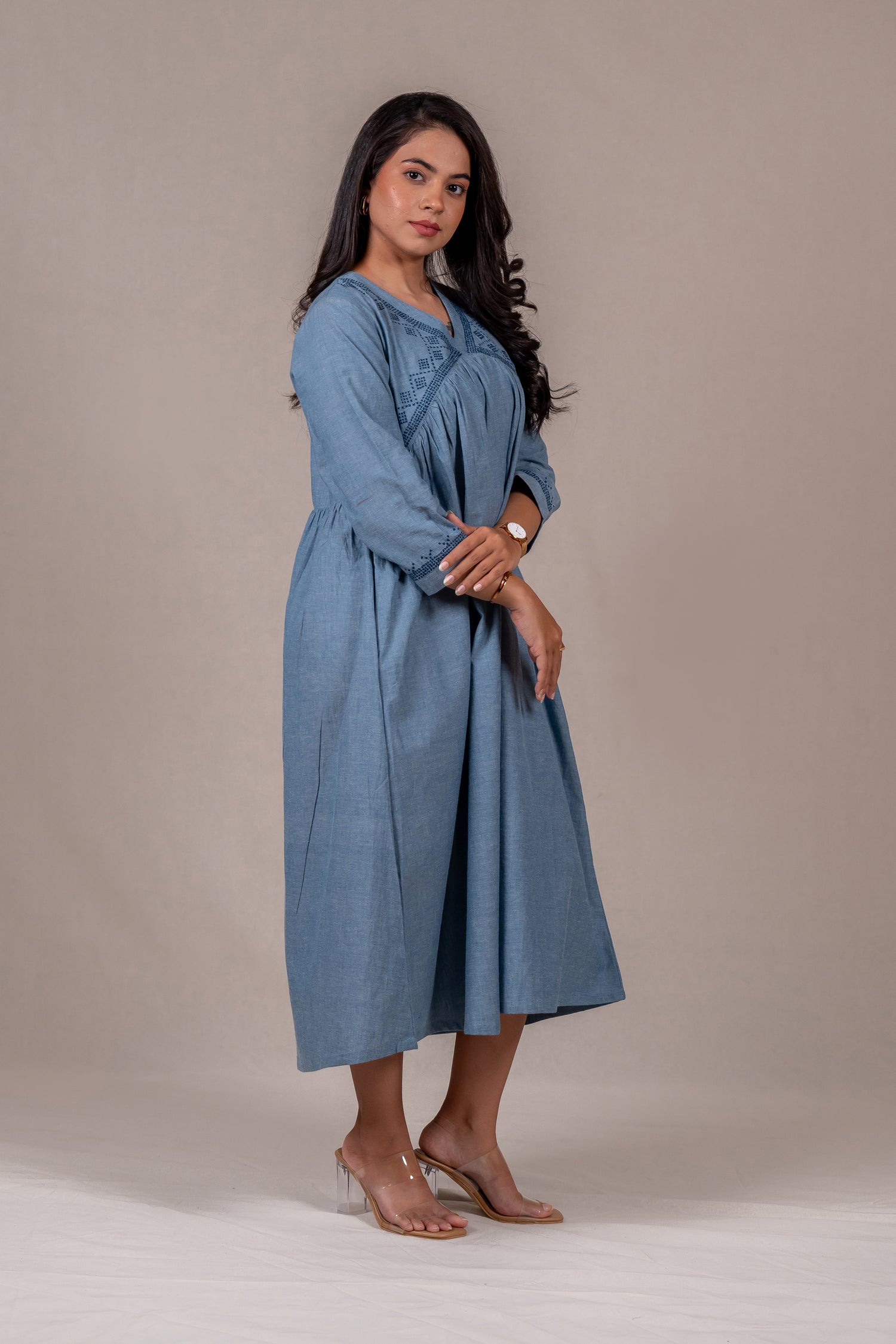 Light Blue Embroidered Long Dress – Sutra
