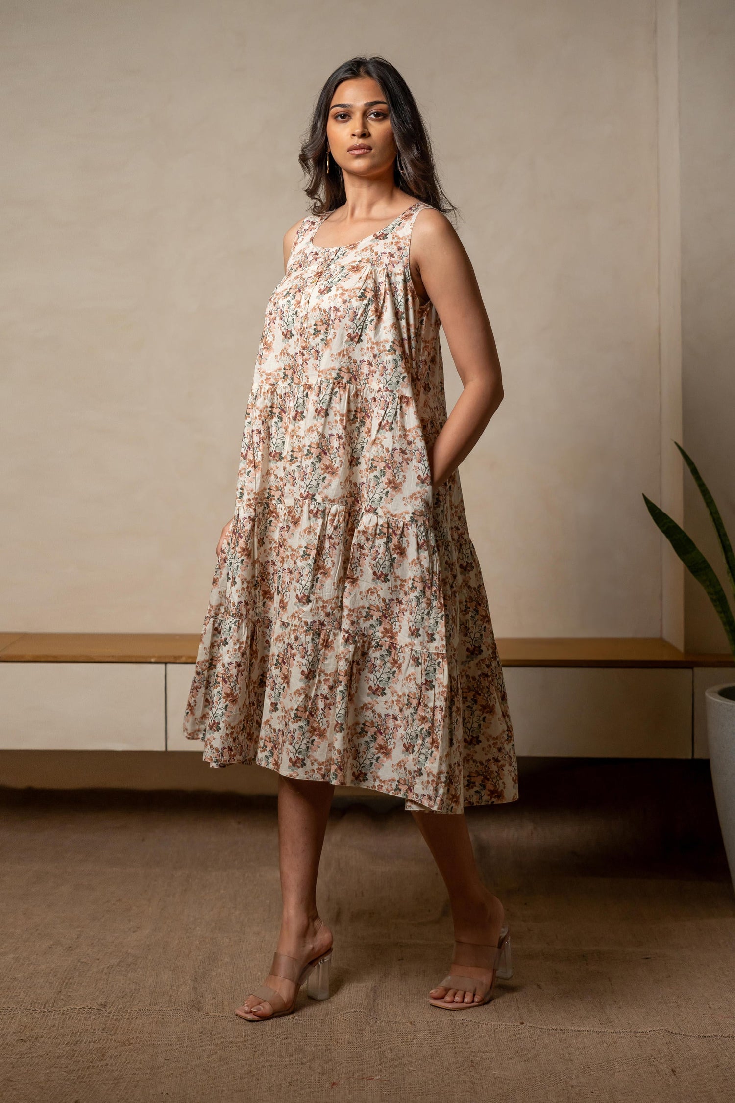 Aabha Beige Printed Cotton Dress | Ray-ethnic