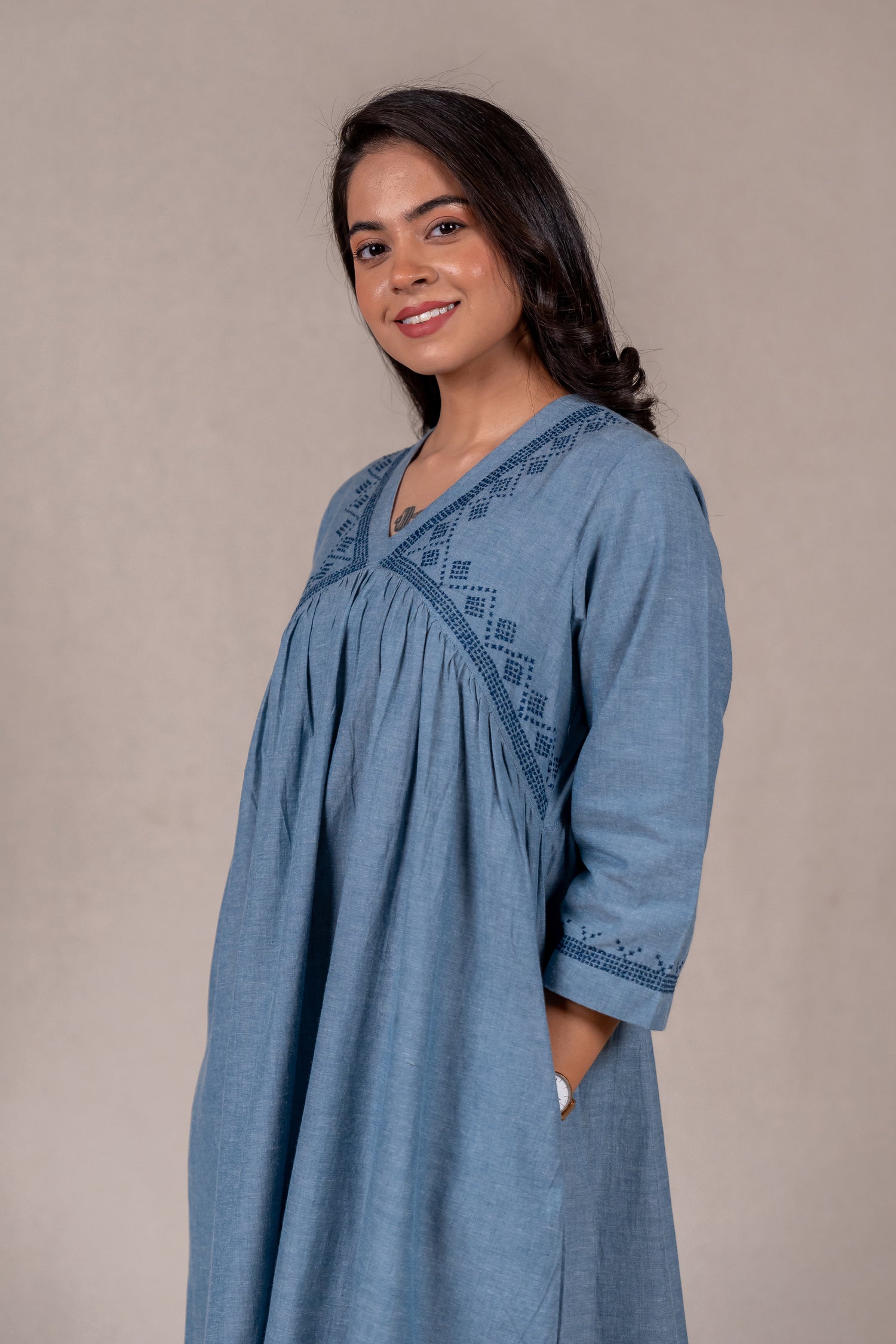 Light Blue Embroidered Long Dress – Sutra