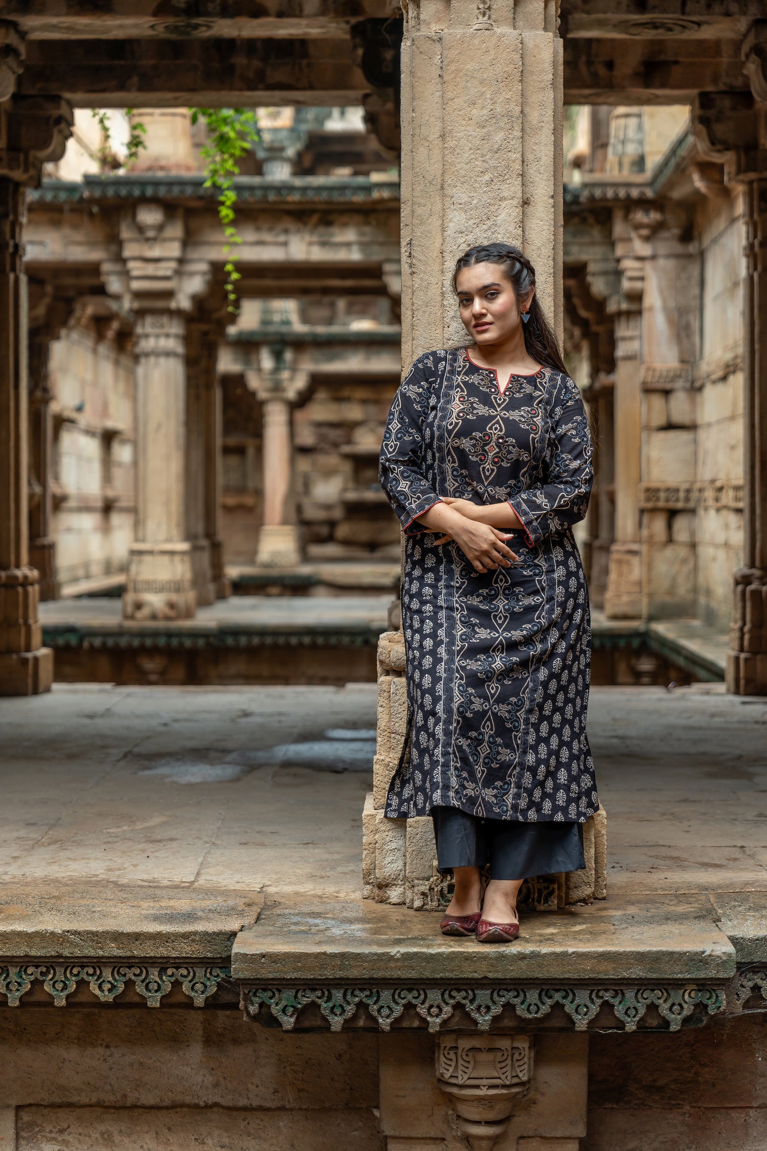 Ray Ethnic Mull Cotton Block Print Kurta in Black from Ekatra
