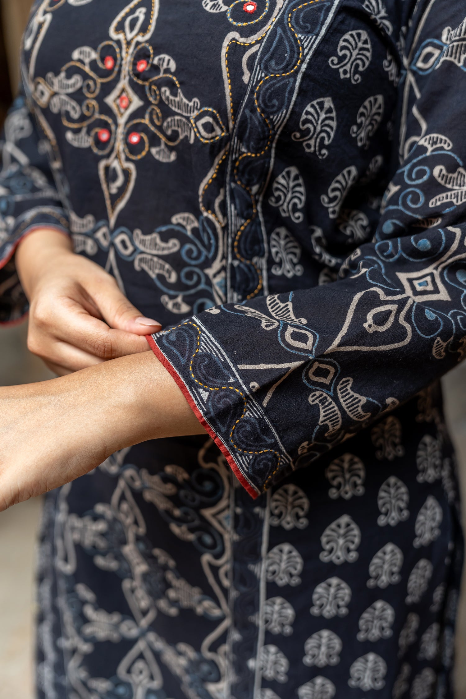 Ray Ethnic Mull Cotton Block Print Kurta in Black from Ekatra