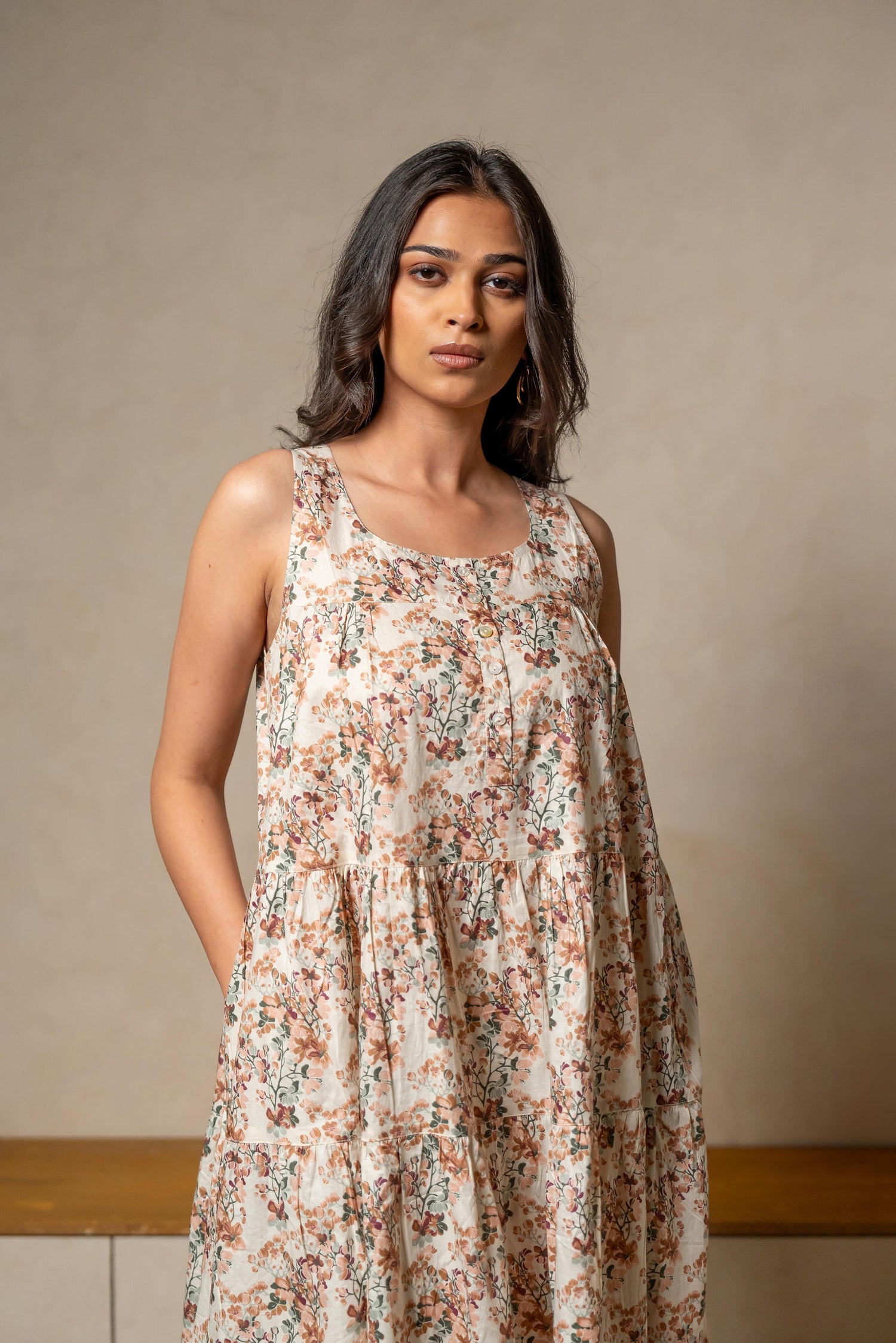 Aabha Beige Printed Cotton Dress | Ray-ethnic