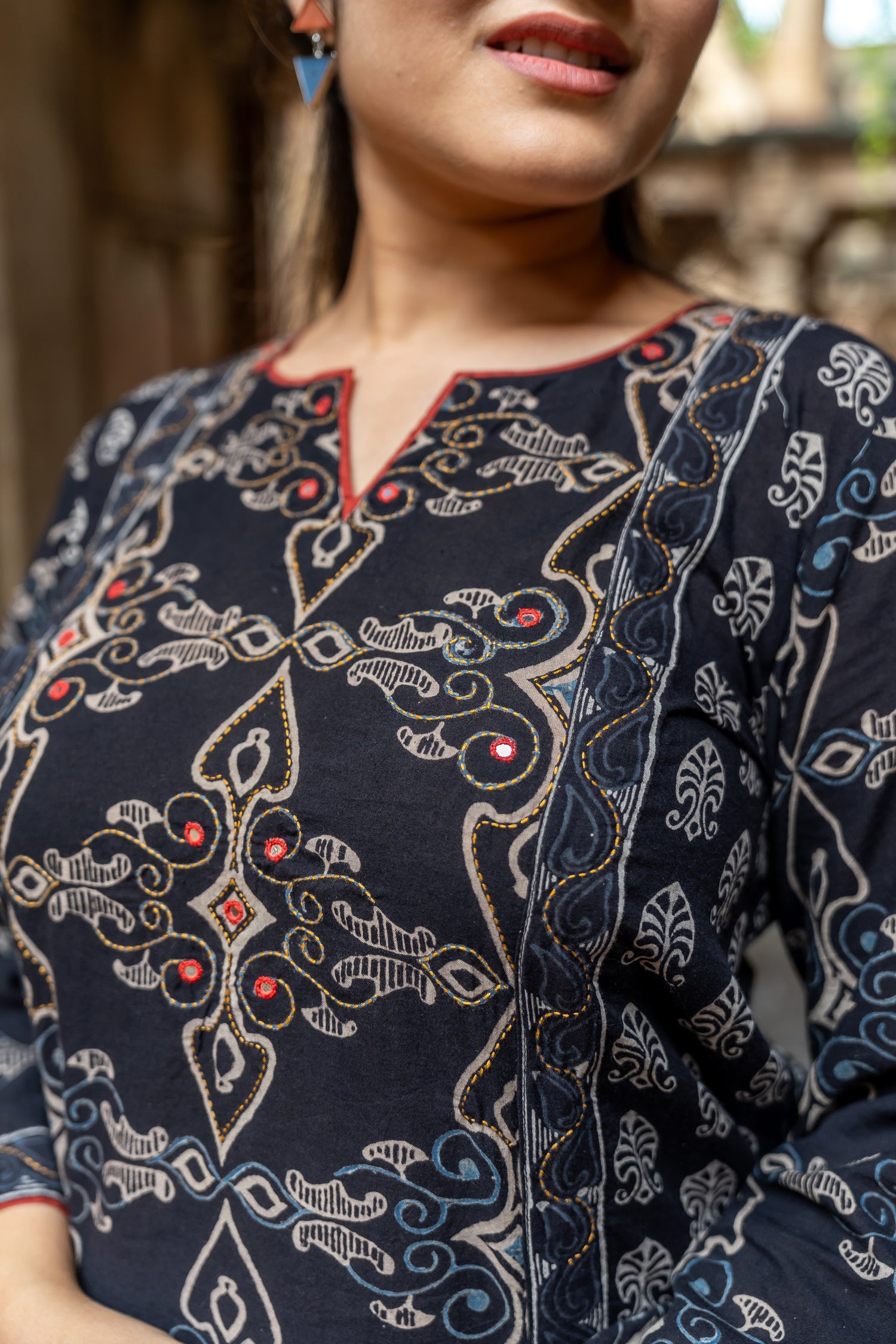 Ray Ethnic Mull Cotton Block Print Kurta in Black from Ekatra