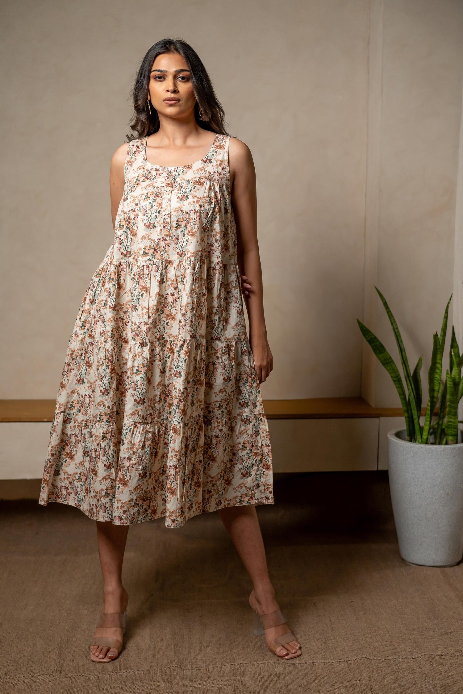 Aabha Beige Printed Cotton Dress | Ray-ethnic