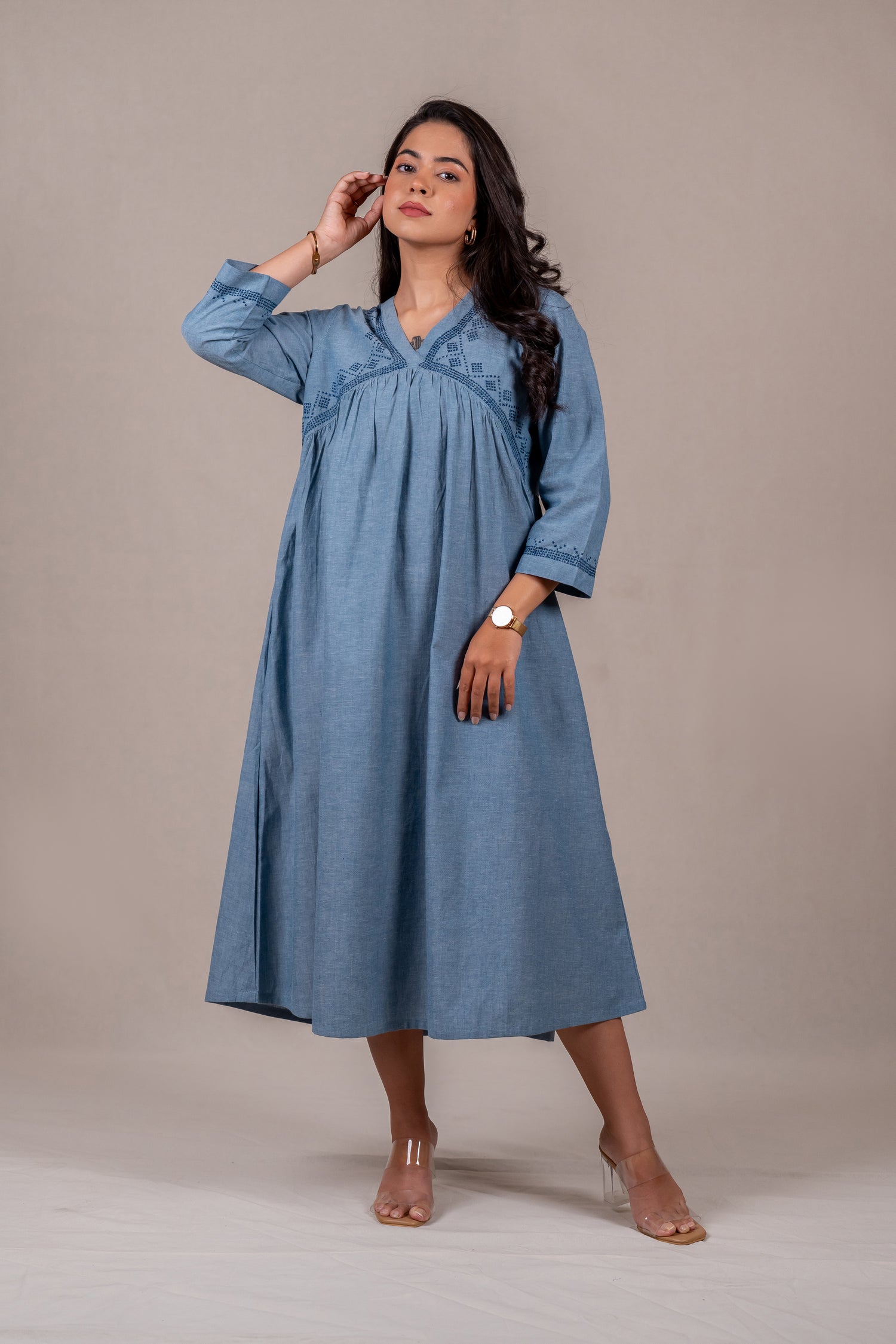 Light Blue Embroidered Long Dress – Sutra