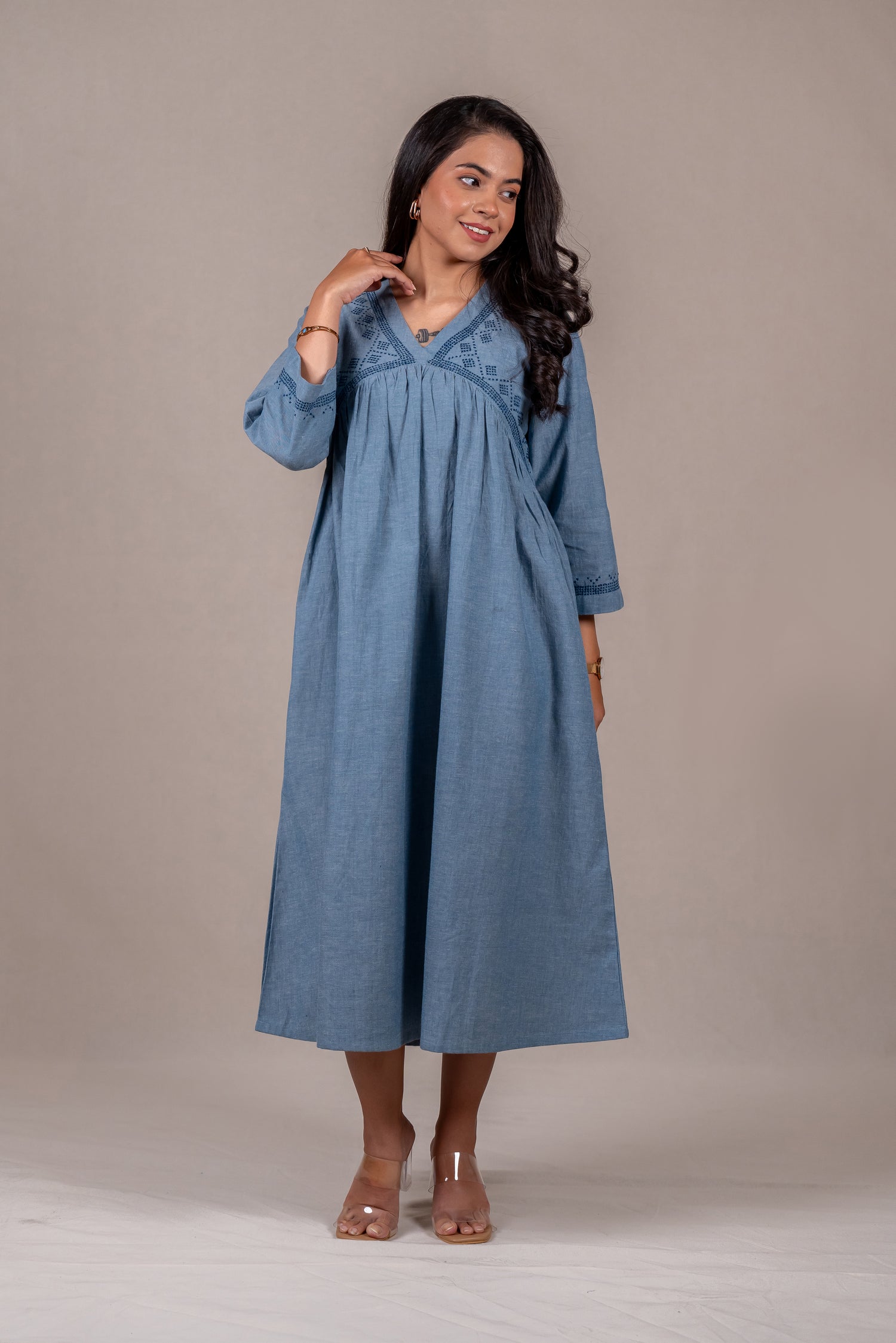 Light Blue Embroidered Long Dress – Sutra