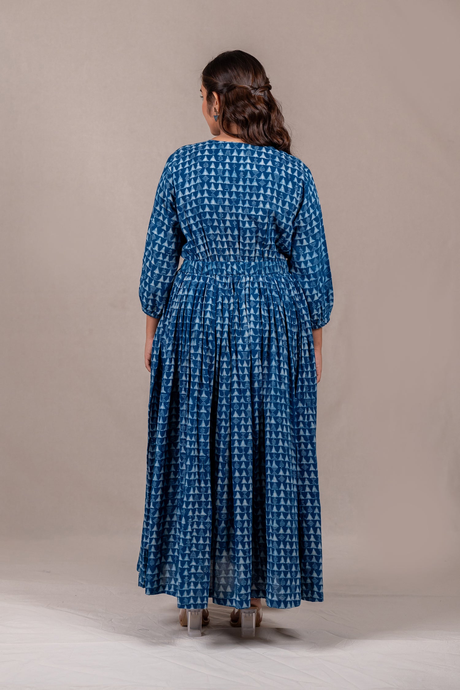 Indigo Dabu Printed V-Neck Long Dress – Sutra
