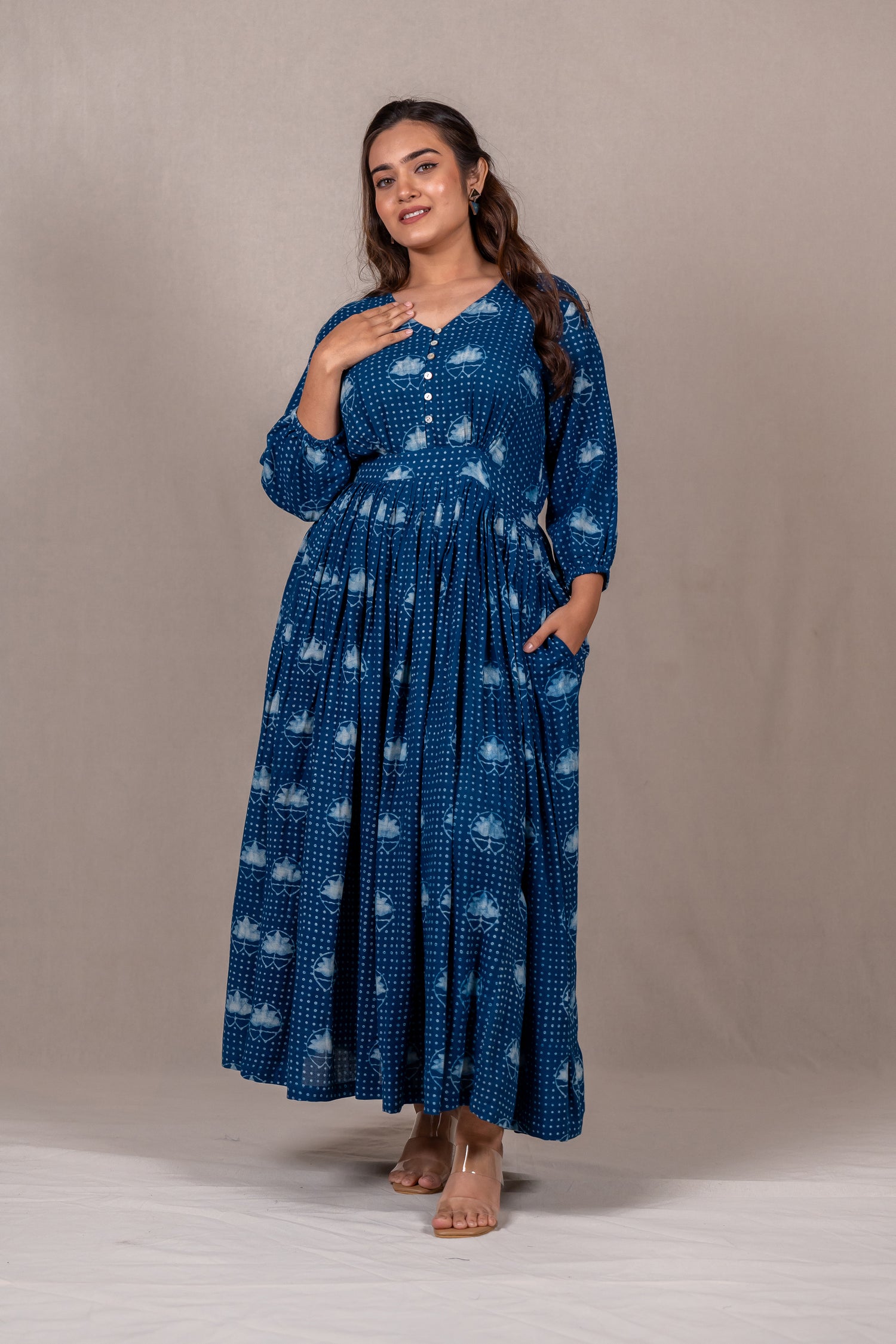 Indigo Flow Long Dress with Lotus Dana Print – Sutra
