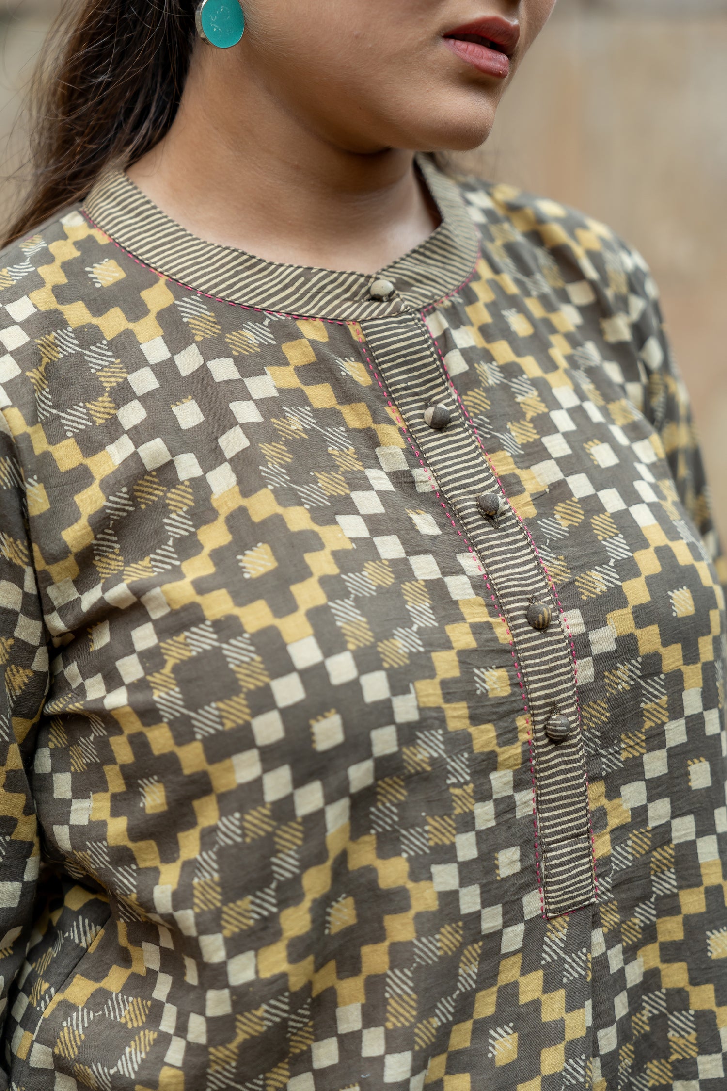 Ray Ethnic Ekatra Mustard Geometric Block Print Mull Cotton Kurta