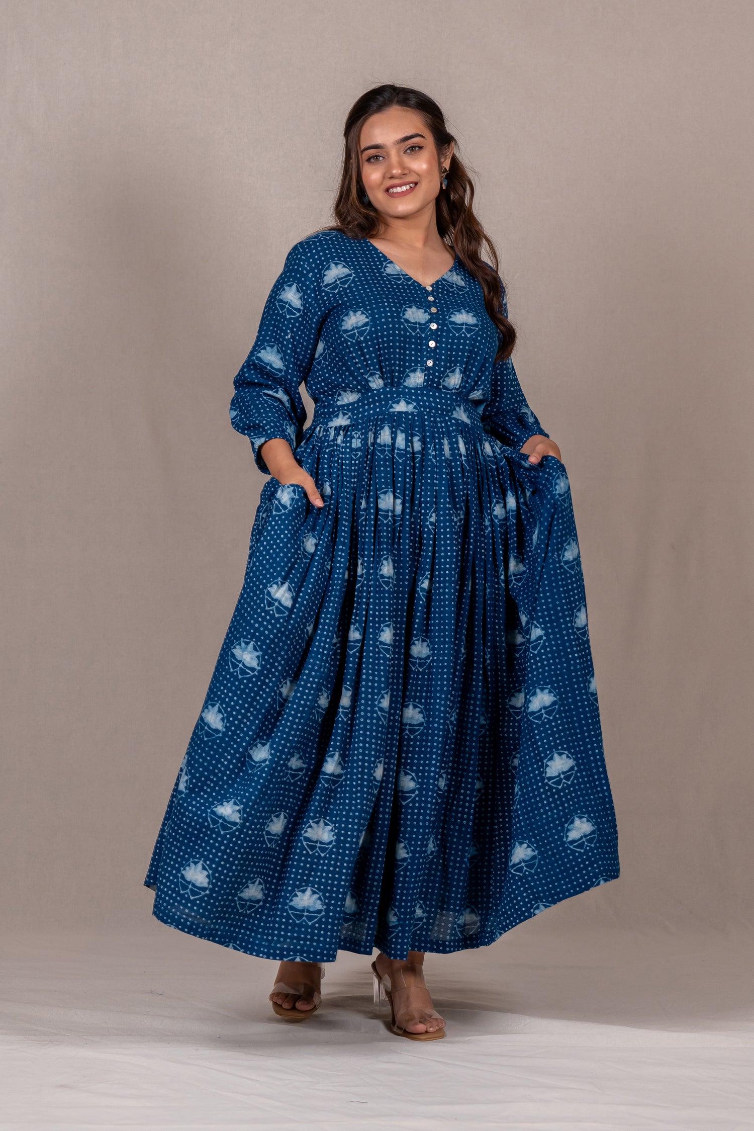 Indigo Flow Long Dress with Lotus Dana Print – Sutra