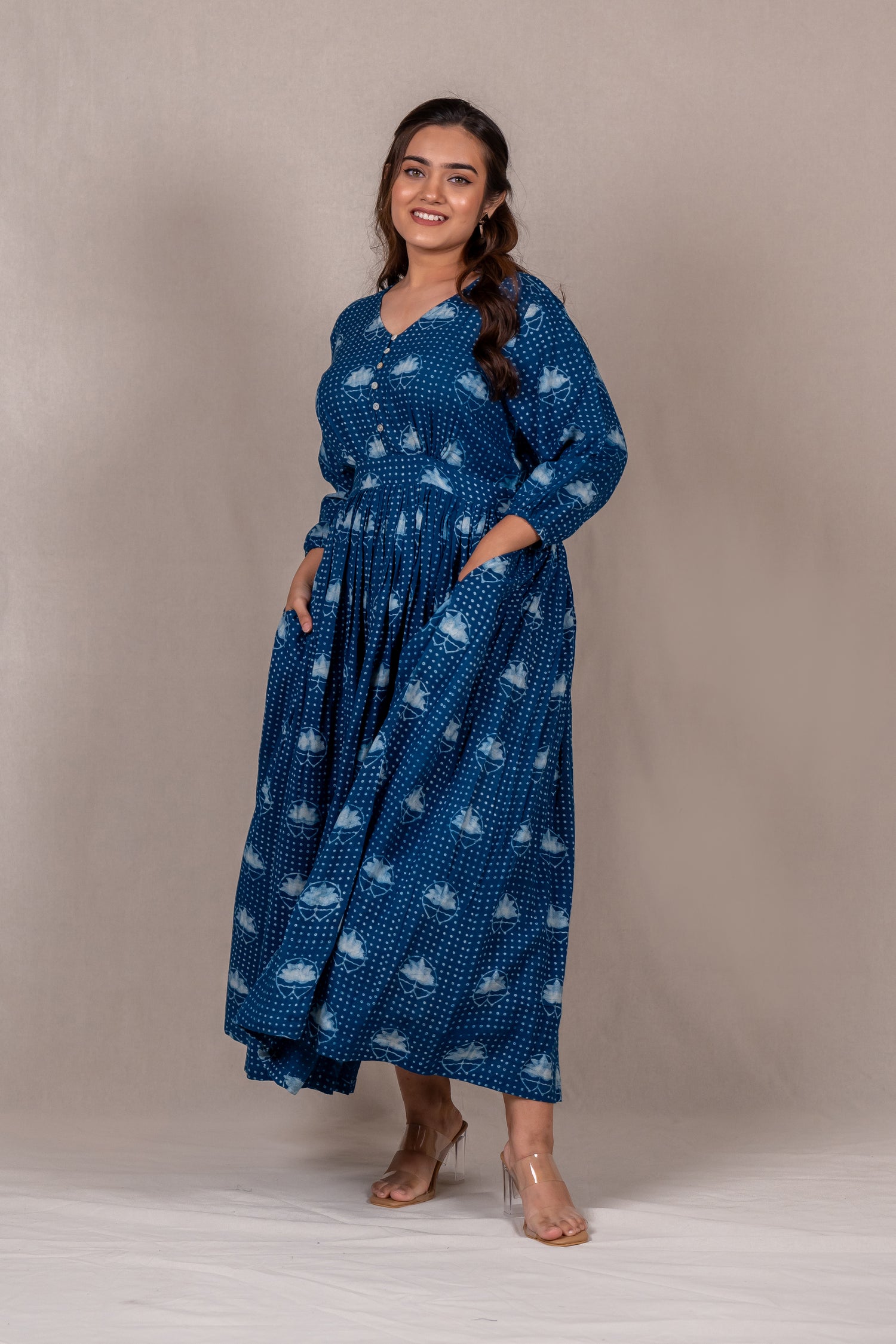 Indigo Flow Long Dress with Lotus Dana Print – Sutra