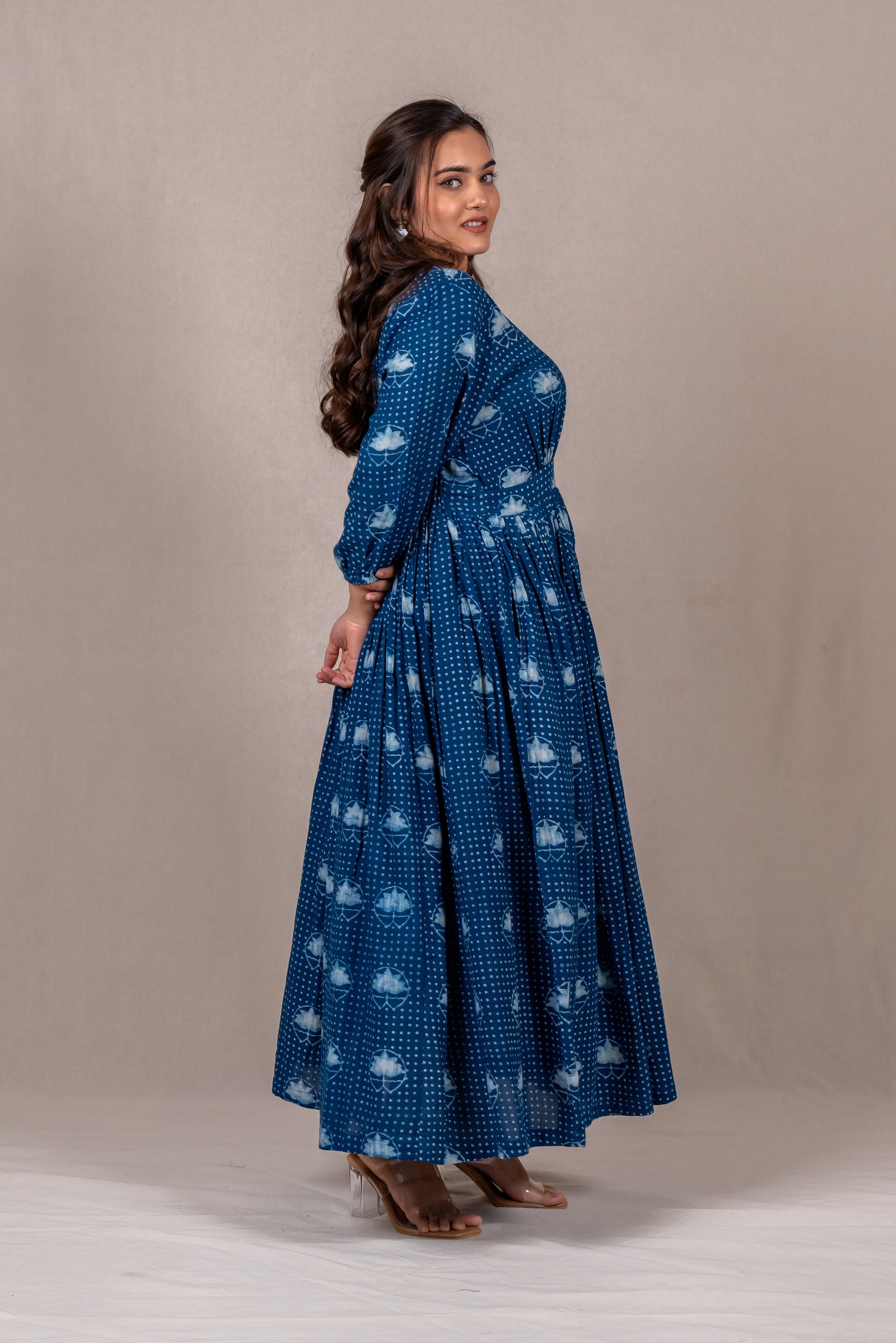Indigo Flow Long Dress with Lotus Dana Print – Sutra