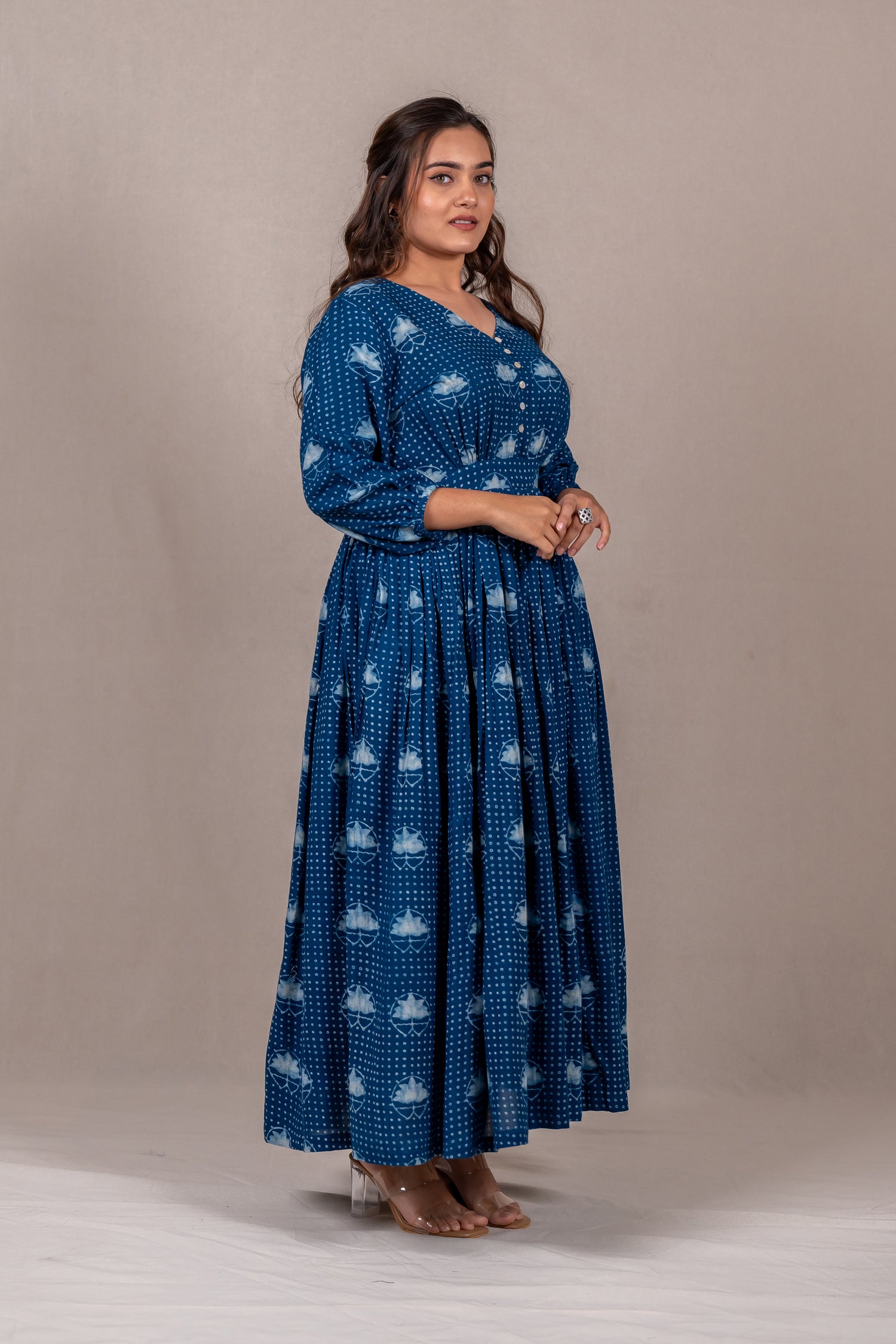 Indigo Flow Long Dress with Lotus Dana Print – Sutra