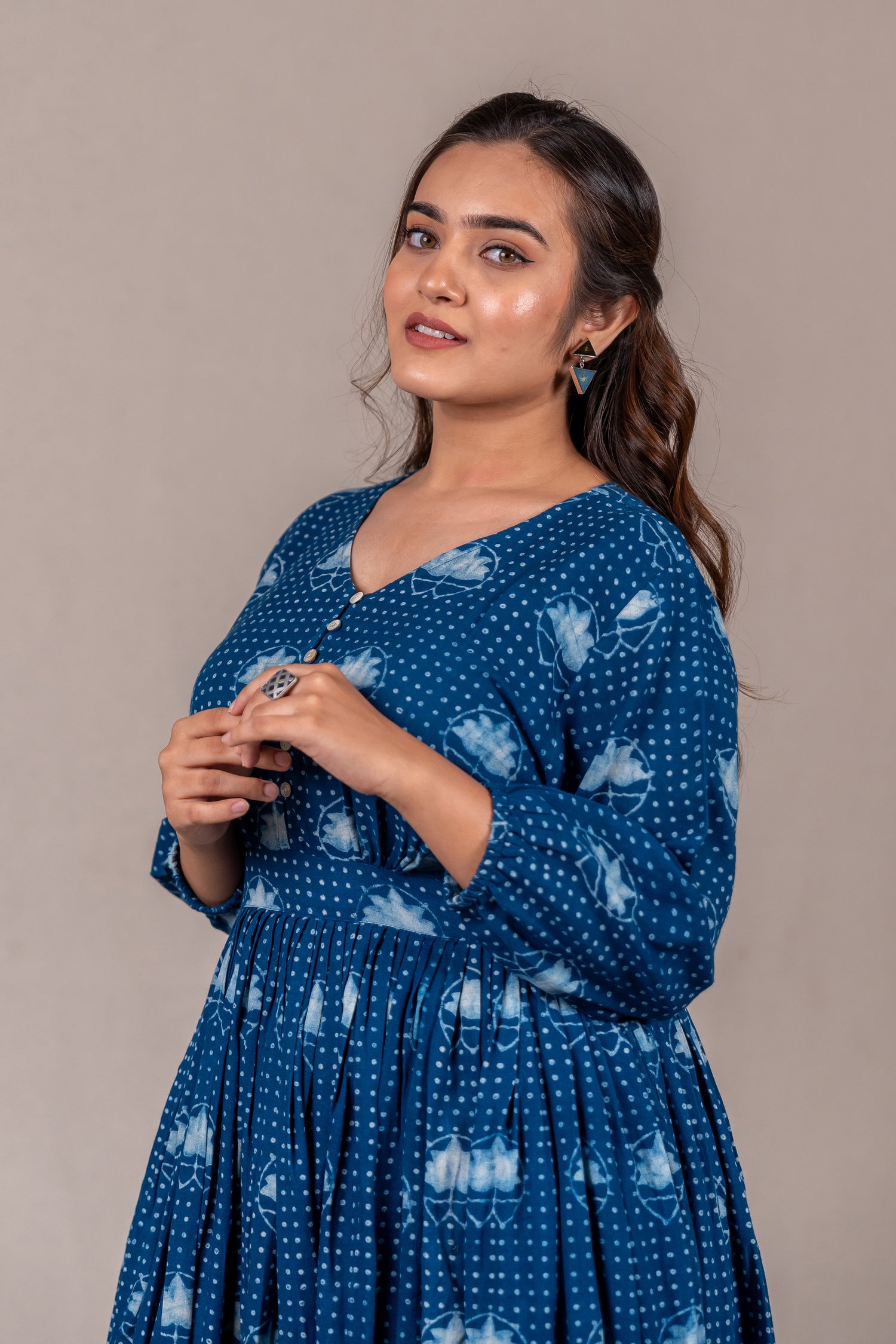 Indigo Flow Long Dress with Lotus Dana Print – Sutra