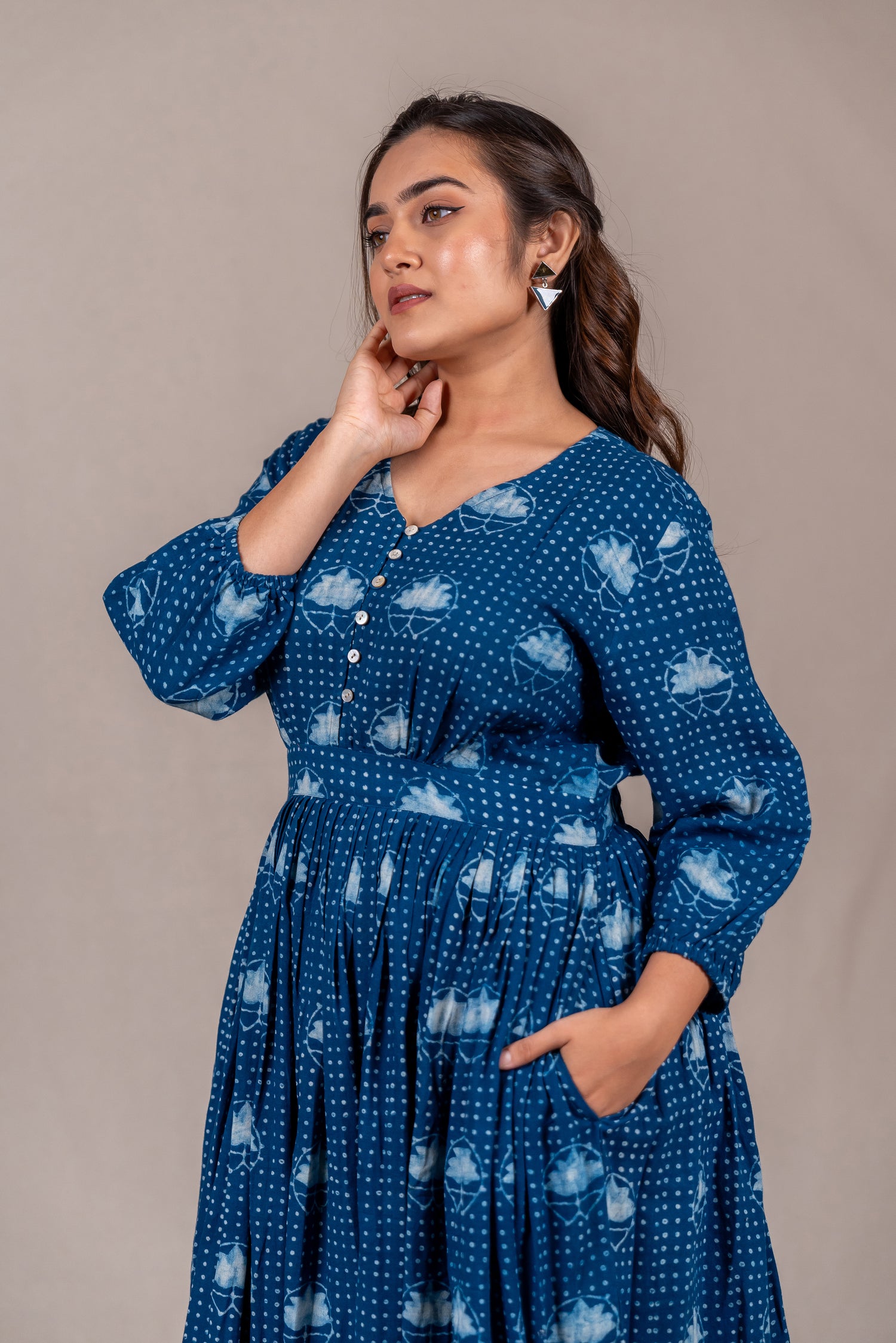 Indigo Flow Long Dress with Lotus Dana Print – Sutra