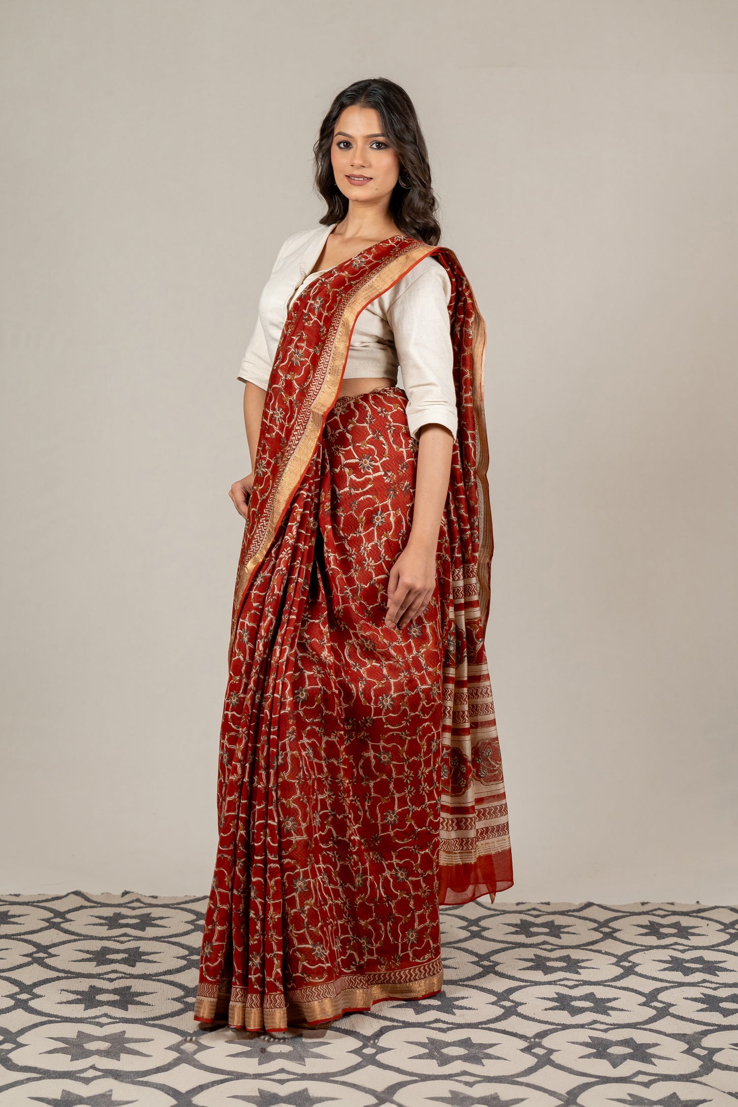 Rust Chanderi Dabu Block Printed Saree – Sama