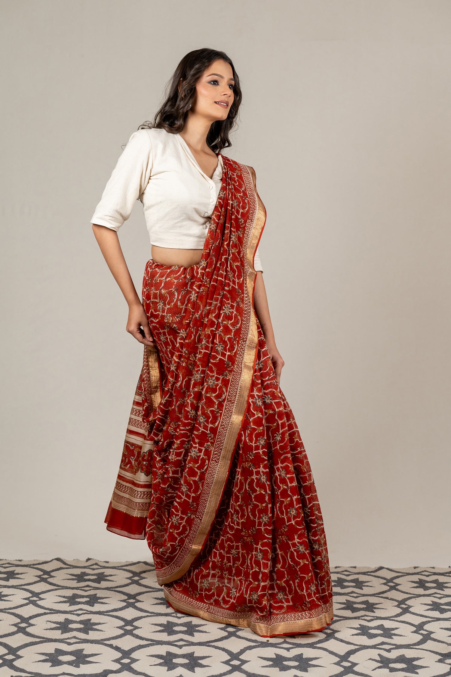 Rust Chanderi Dabu Block Printed Saree – Sama