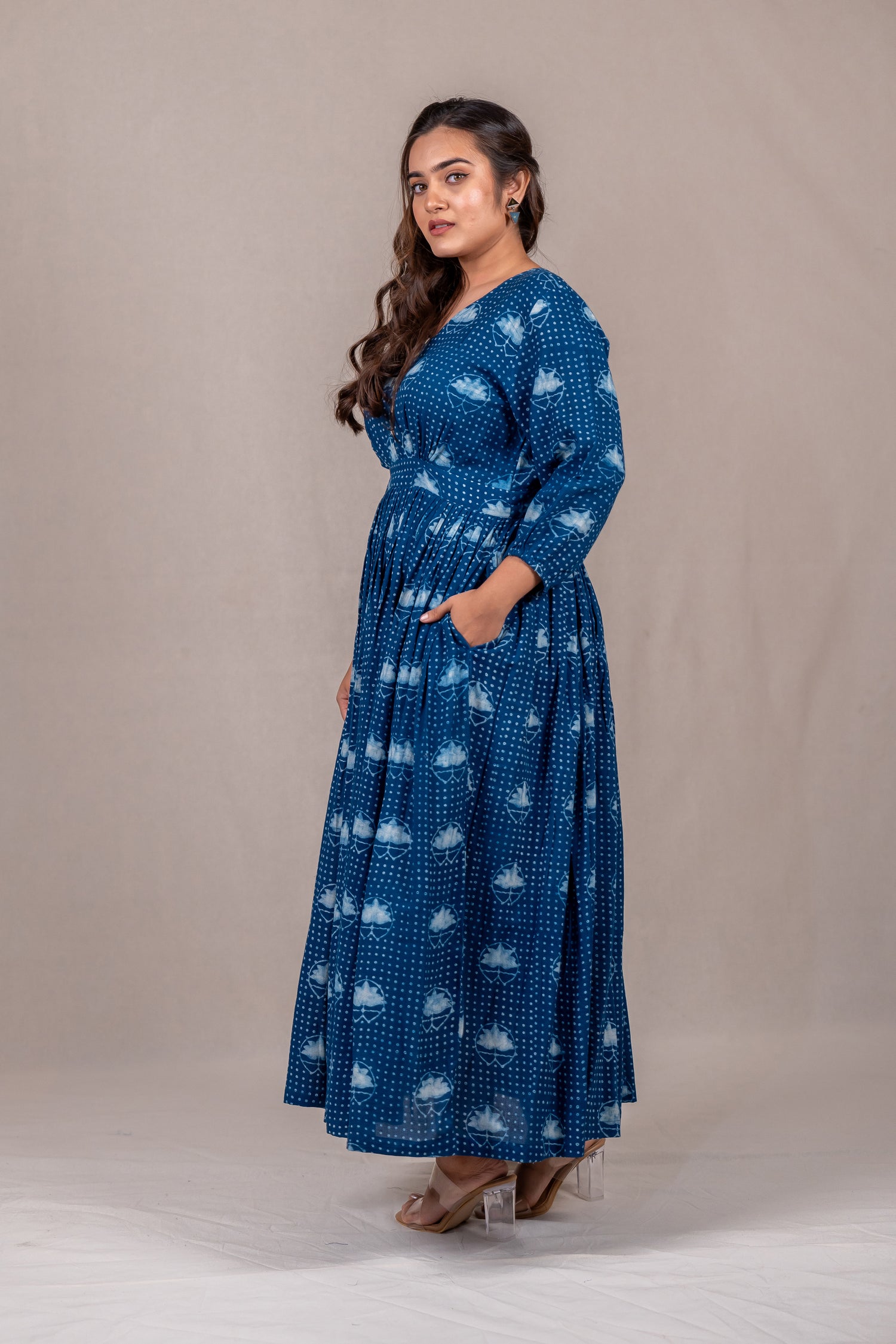 Indigo Flow Long Dress with Lotus Dana Print – Sutra