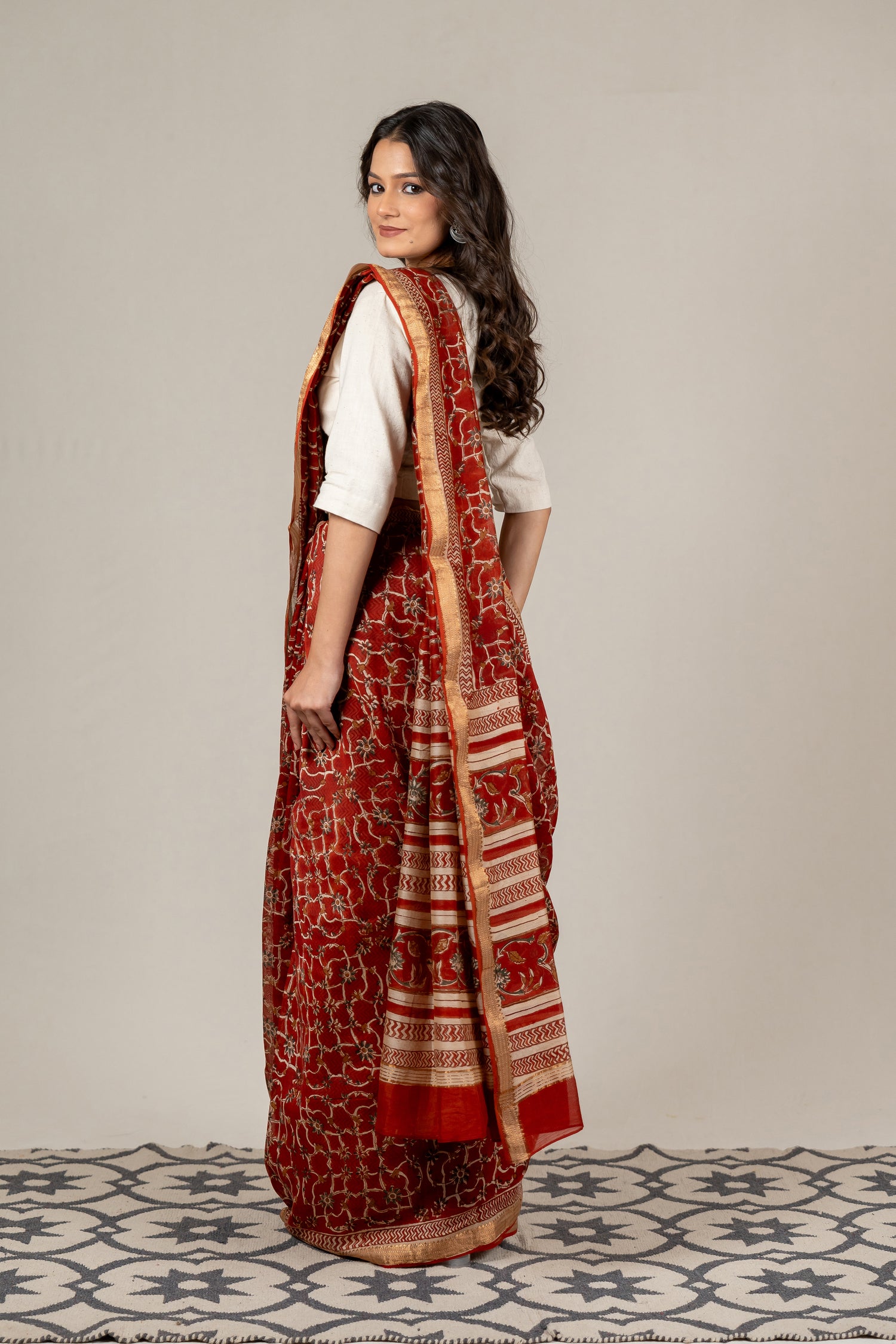 Rust Chanderi Dabu Block Printed Saree – Sama