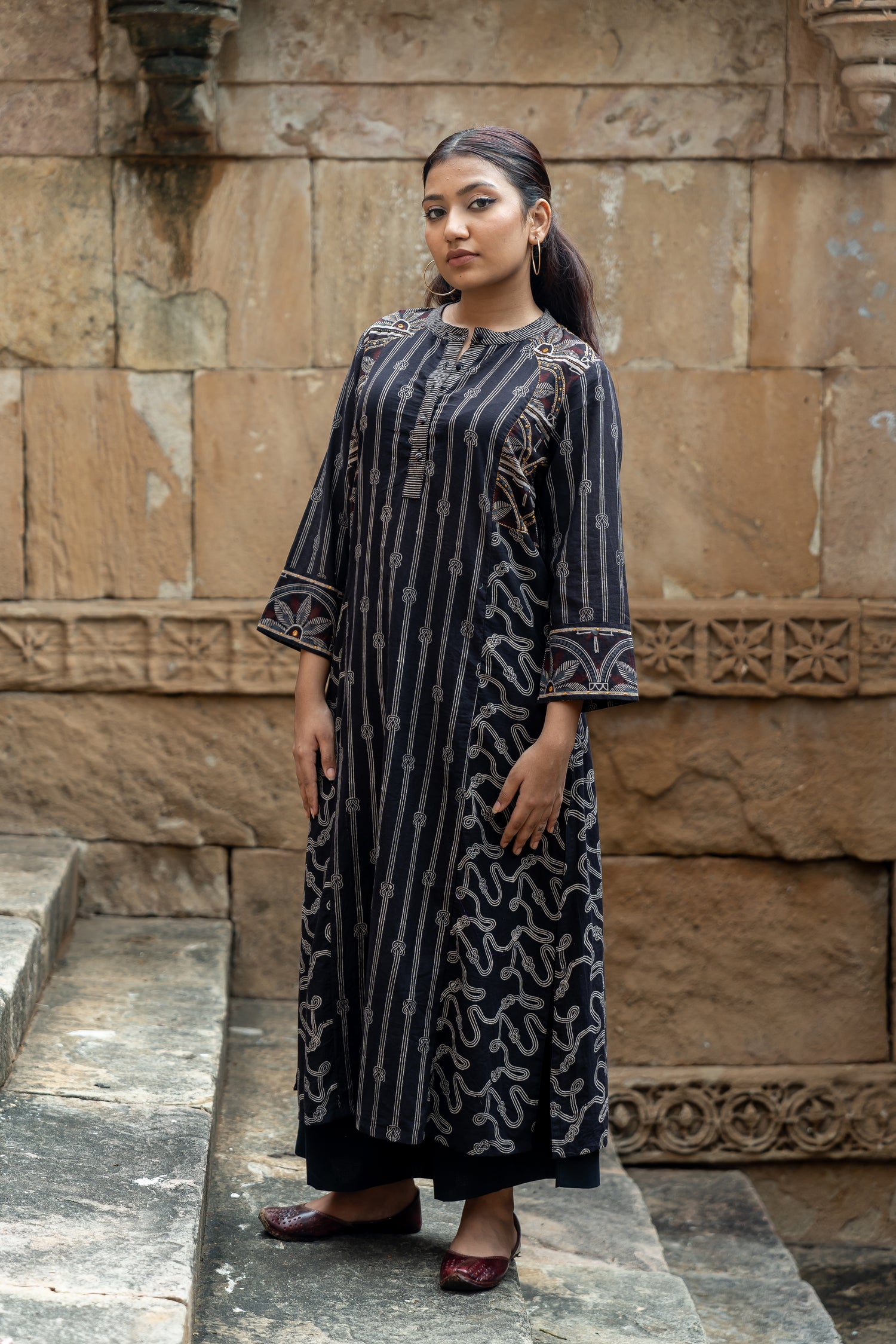 Ekatra Black Block Print Mull Cotton Kurta