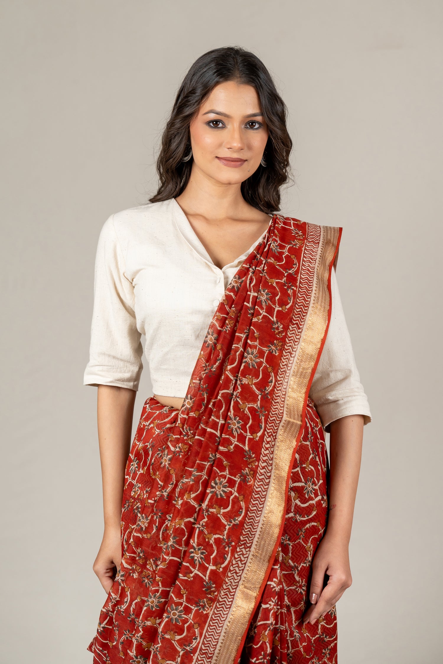 Rust Chanderi Dabu Block Printed Saree – Sama