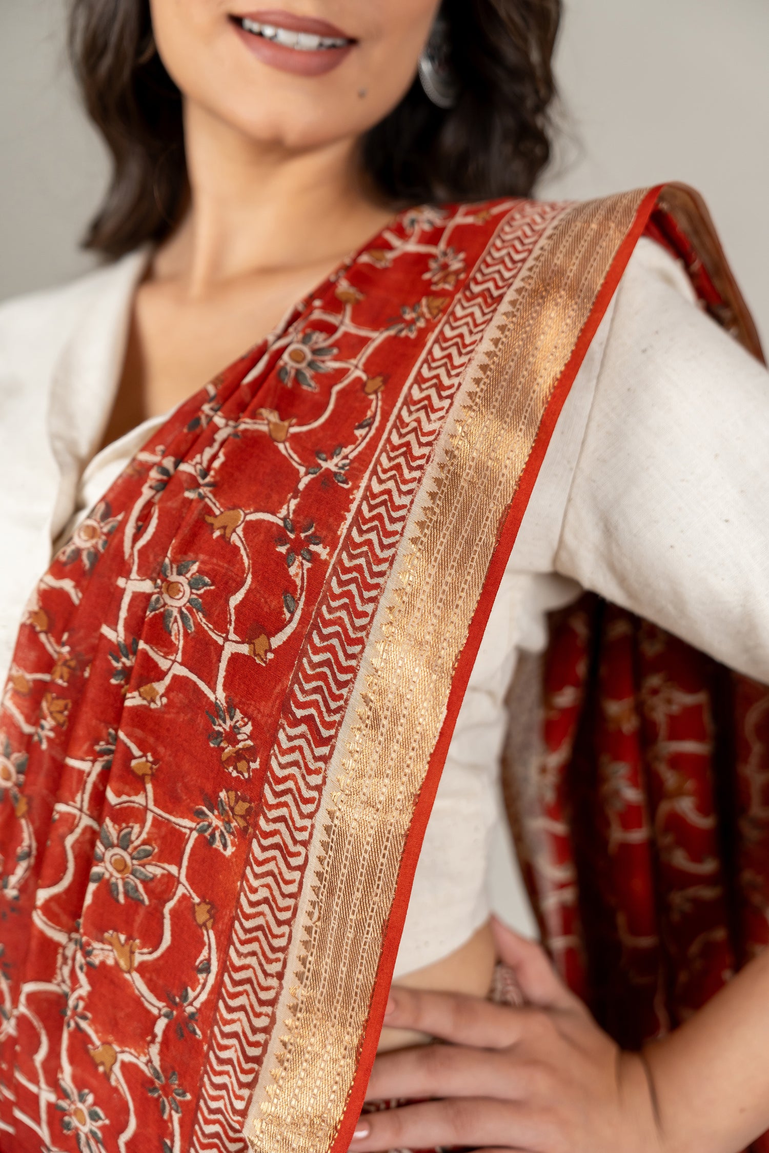 Rust Chanderi Dabu Block Printed Saree – Sama