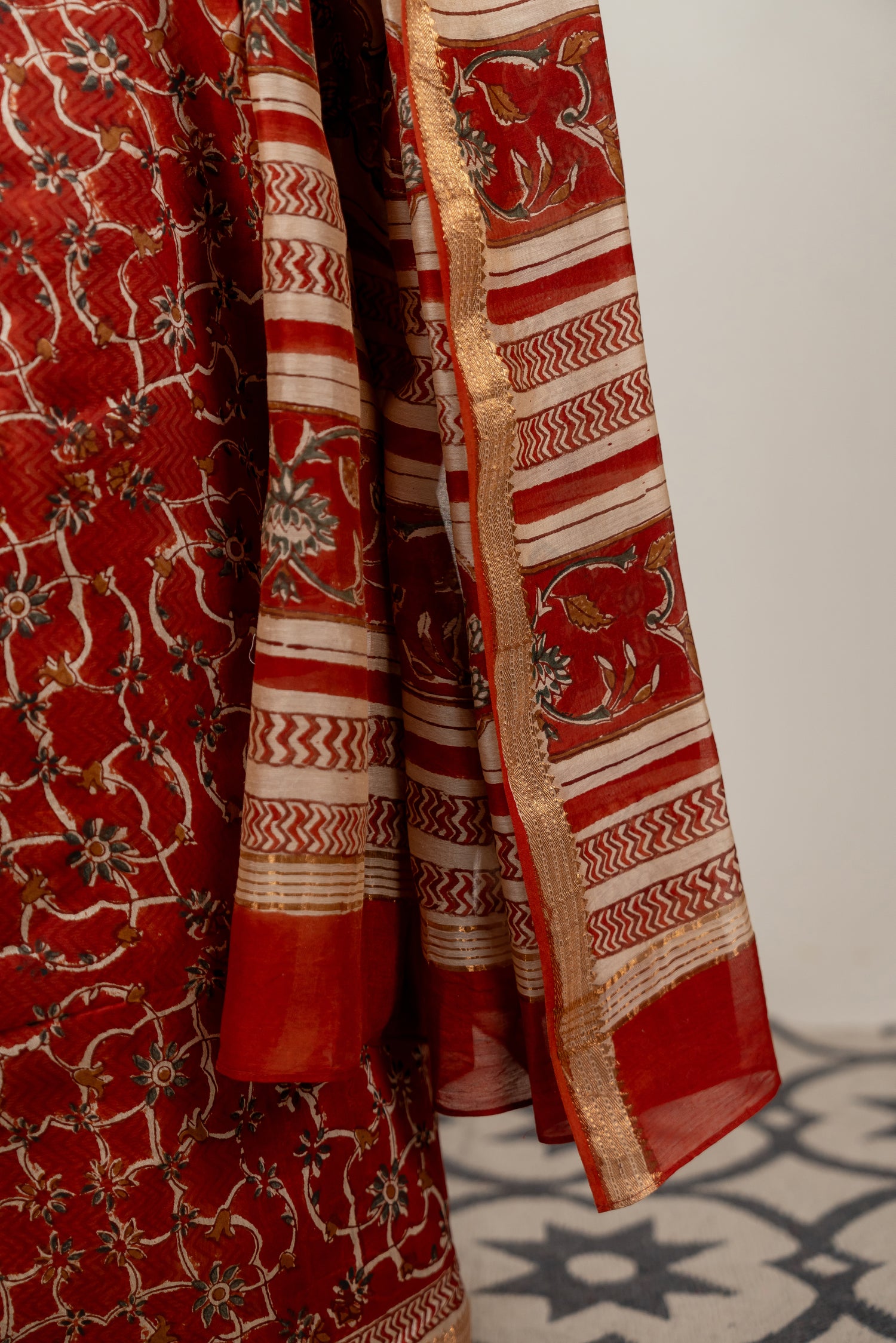 Rust Chanderi Dabu Block Printed Saree – Sama