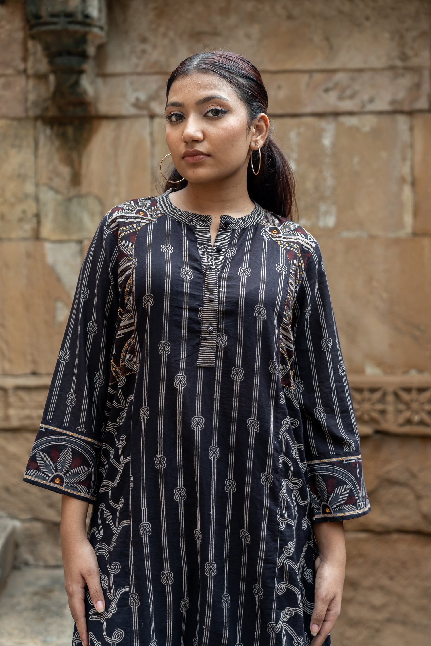Ekatra Black Block Print Mull Cotton Kurta