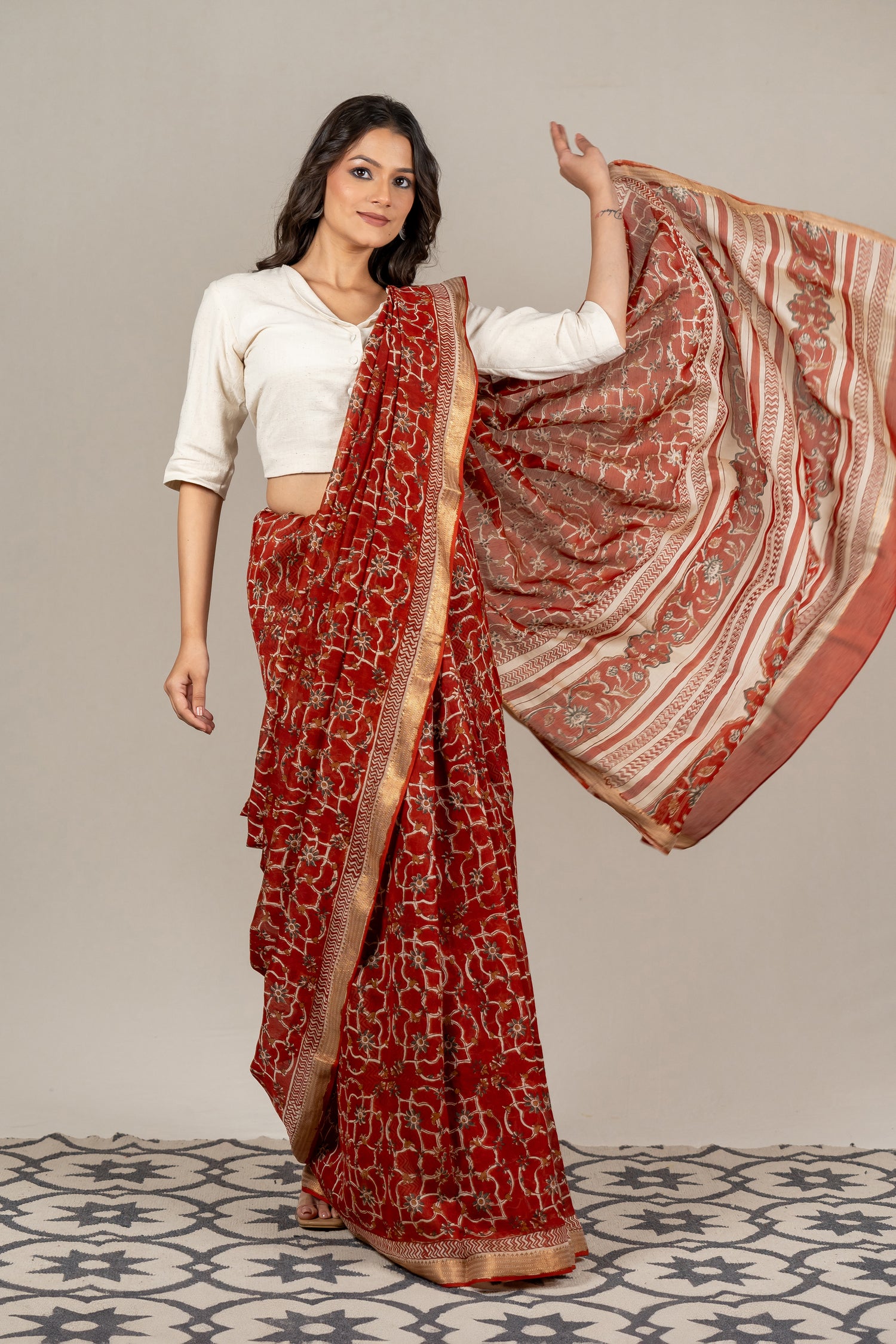 Rust Chanderi Dabu Block Printed Saree – Sama