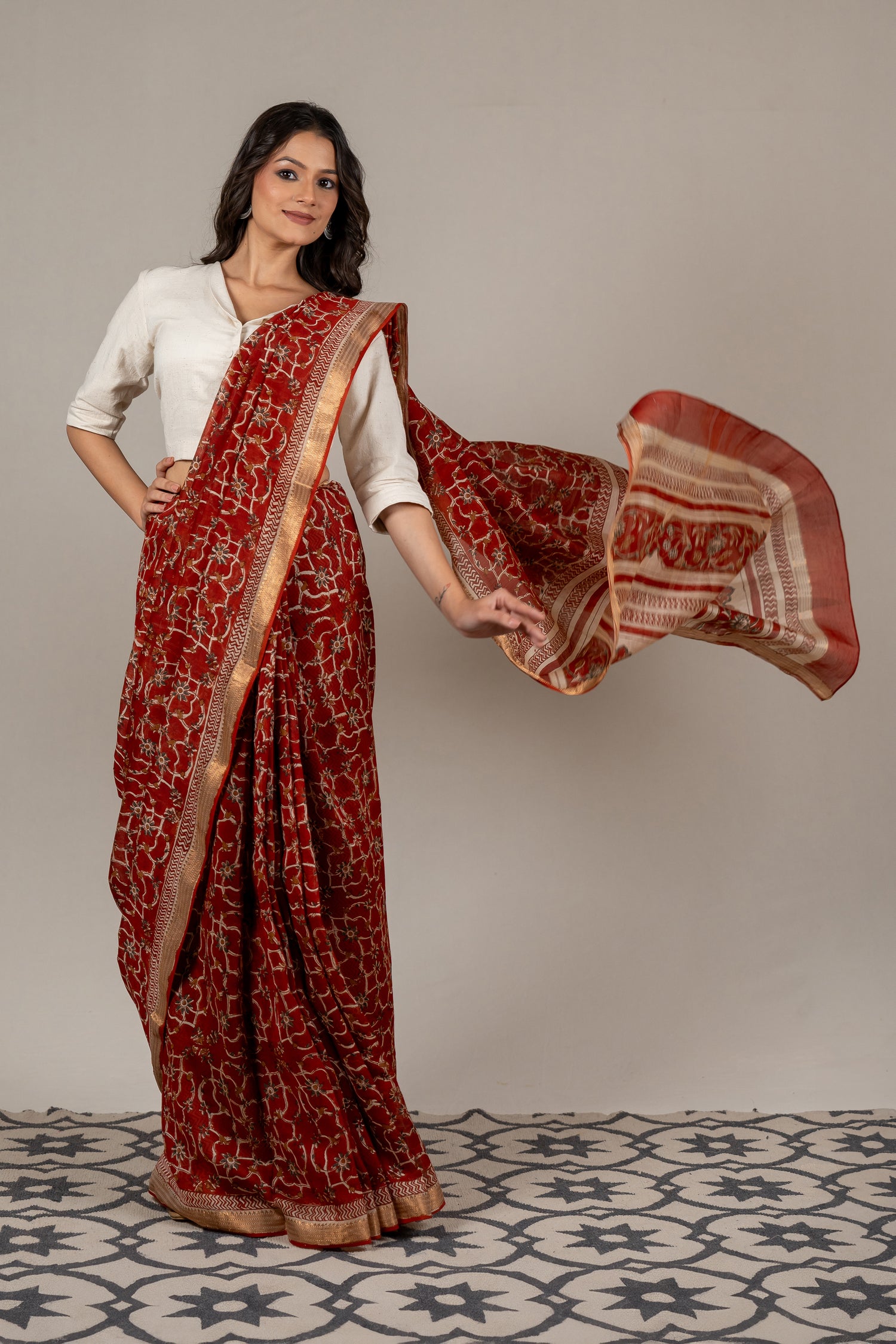Rust Chanderi Dabu Block Printed Saree – Sama