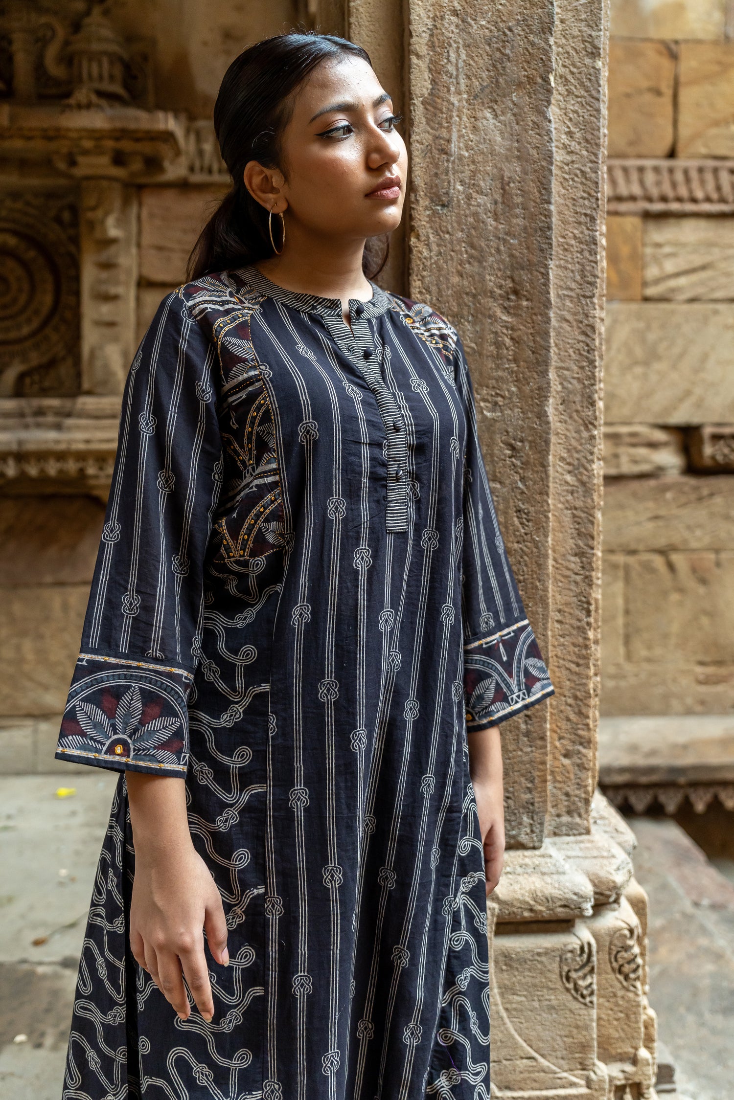 Ekatra Black Block Print Mull Cotton Kurta