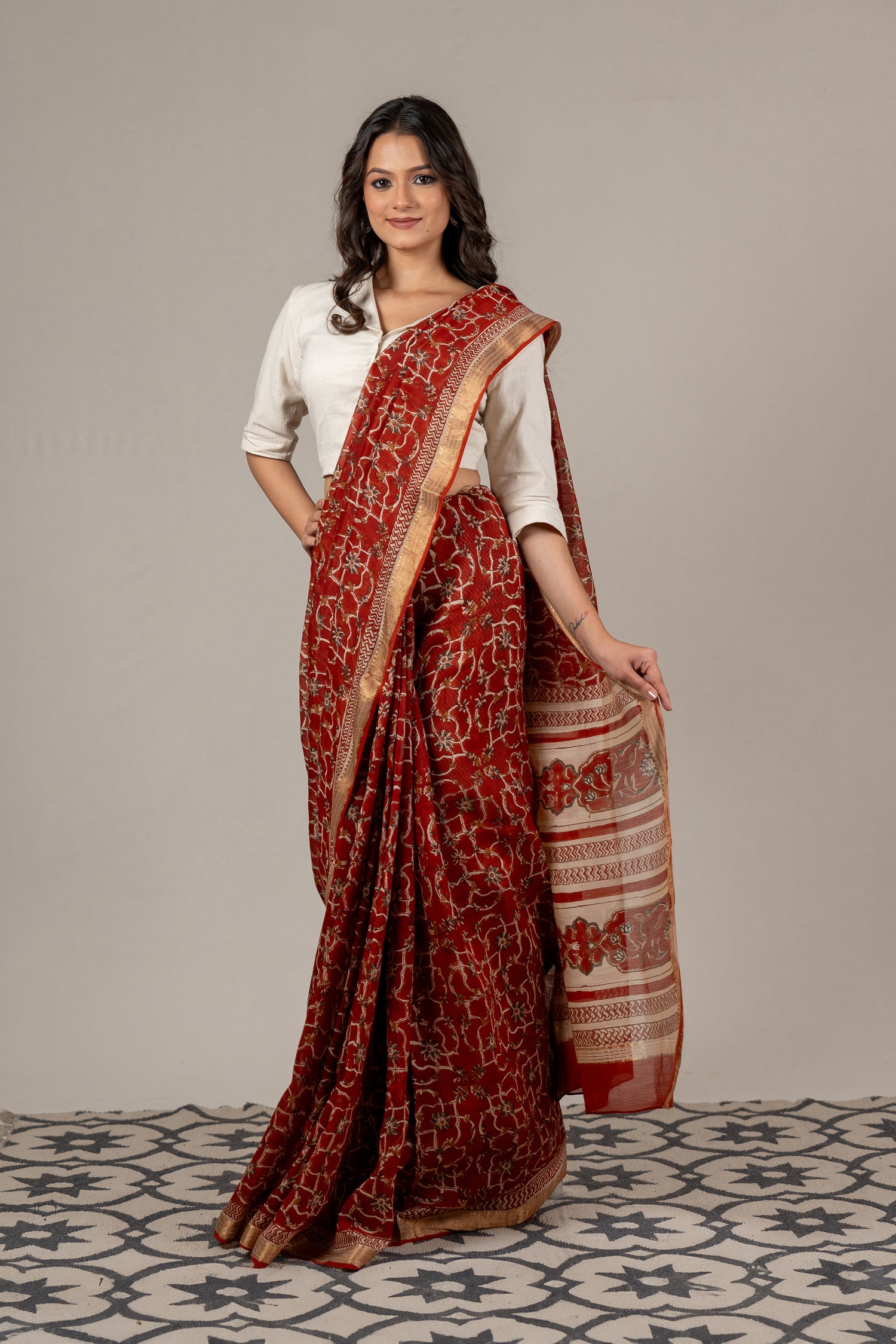 Rust Chanderi Dabu Block Printed Saree – Sama