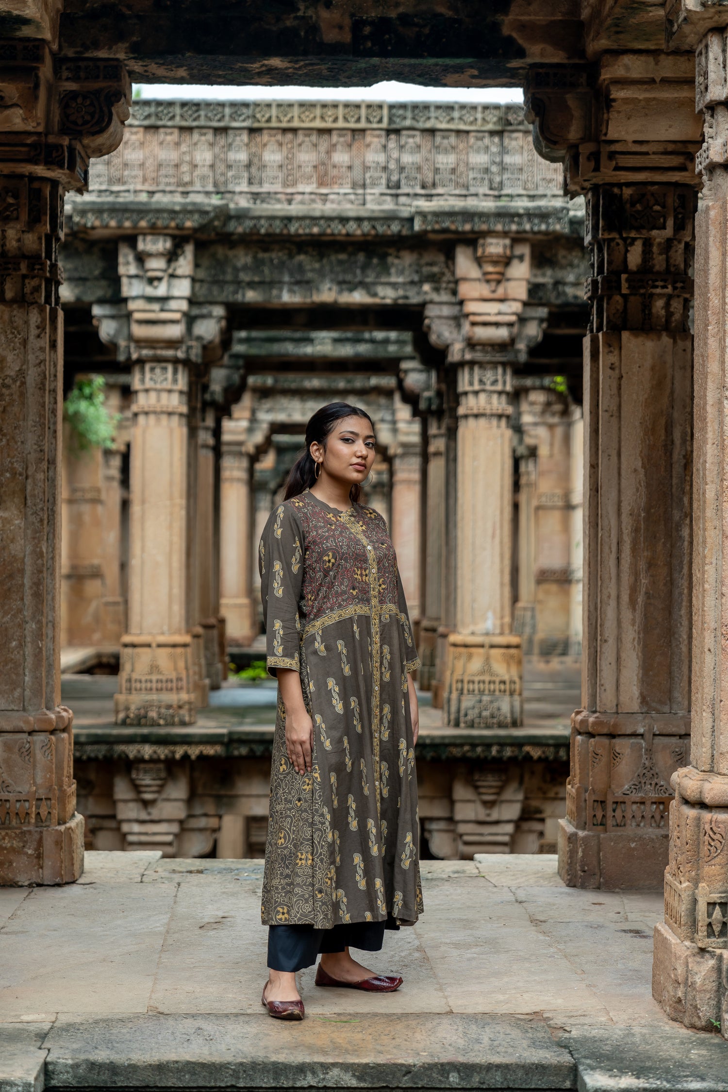 Ray Ethnic Mull Cotton Block Print Kurta in Brown in Ekatra