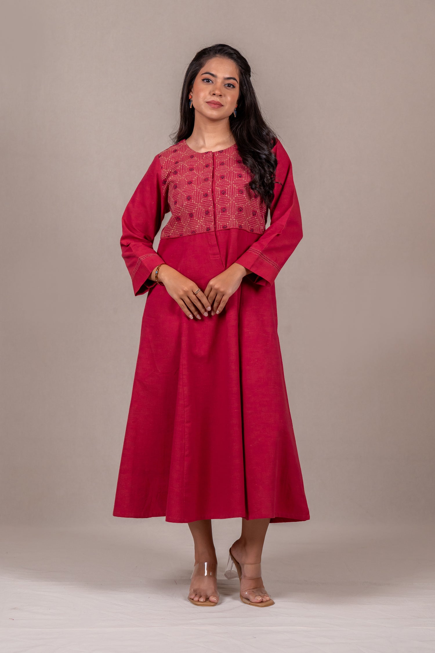 Handcrafted Kasuti Embroidered Dress in Maroon Rani – Sutra