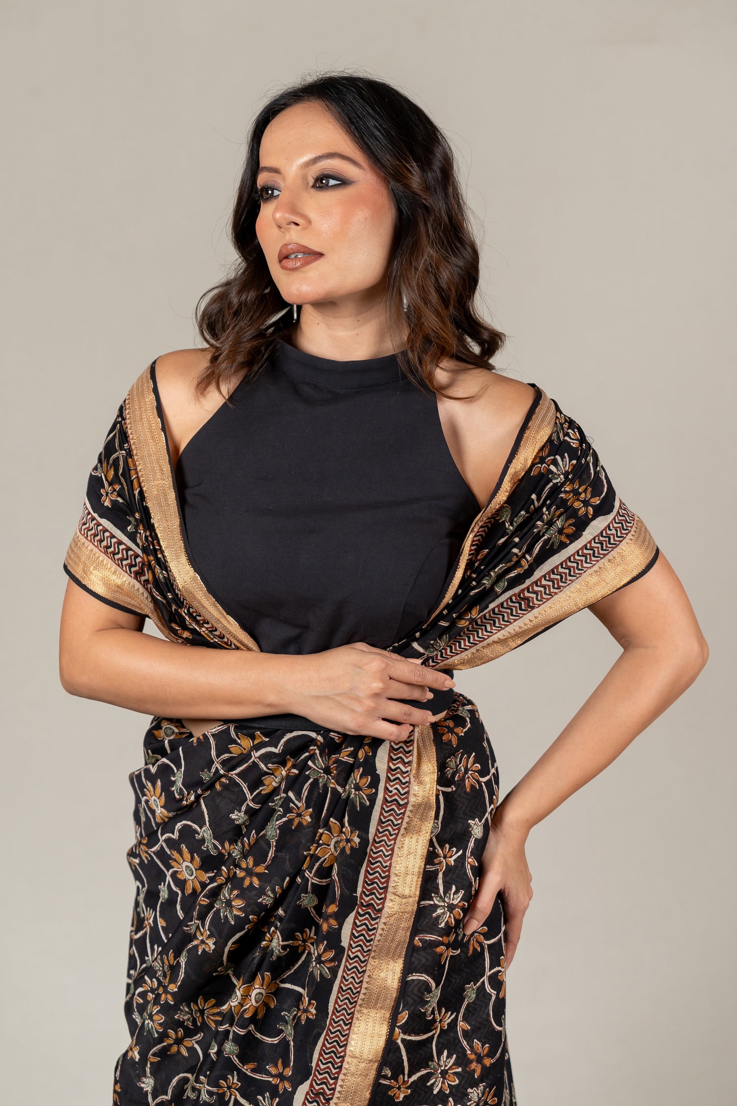 Earth Black Chanderi Dabu Block Printed Saree – Sama