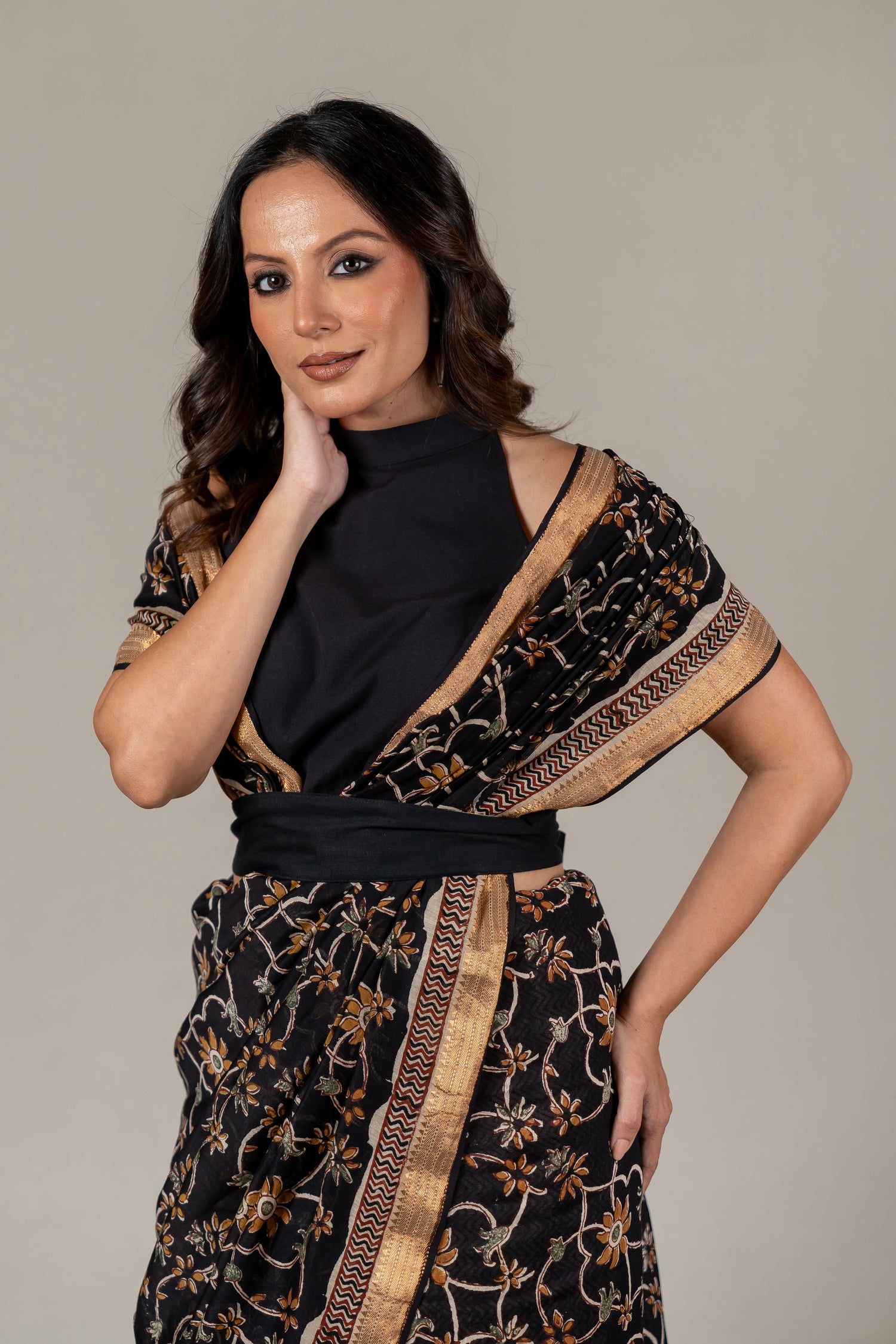 Earth Black Chanderi Dabu Block Printed Saree – Sama