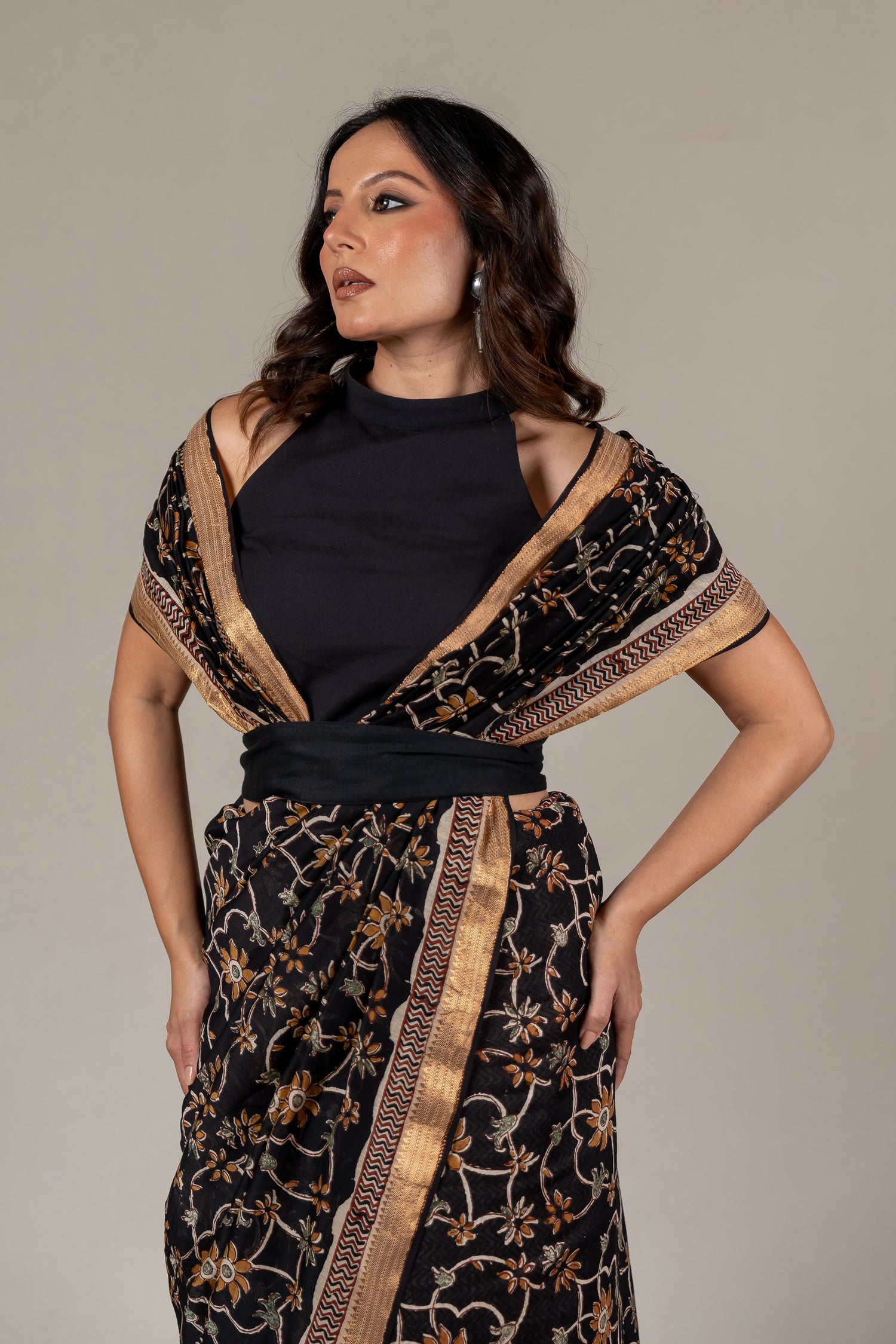 Earth Black Chanderi Dabu Block Printed Saree – Sama